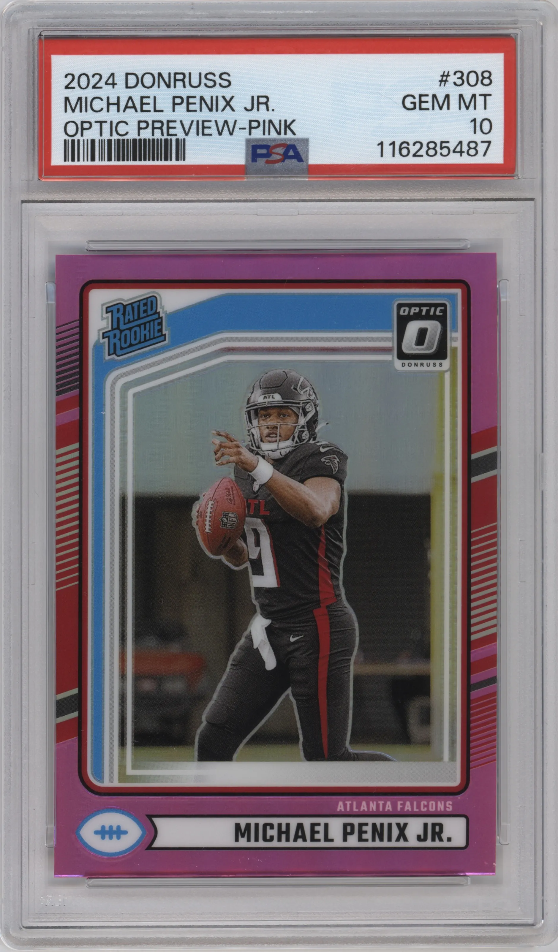 Michael Penix Jr.  from the 2024 Donruss set featuring a Pink parallel graded by PSA and given an overall grade of 10.