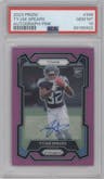 Tyjae Spears from the 2023 Panini Prizm set featuring a Pink Prizm parallel graded by PSA and given an overall grade of 10.