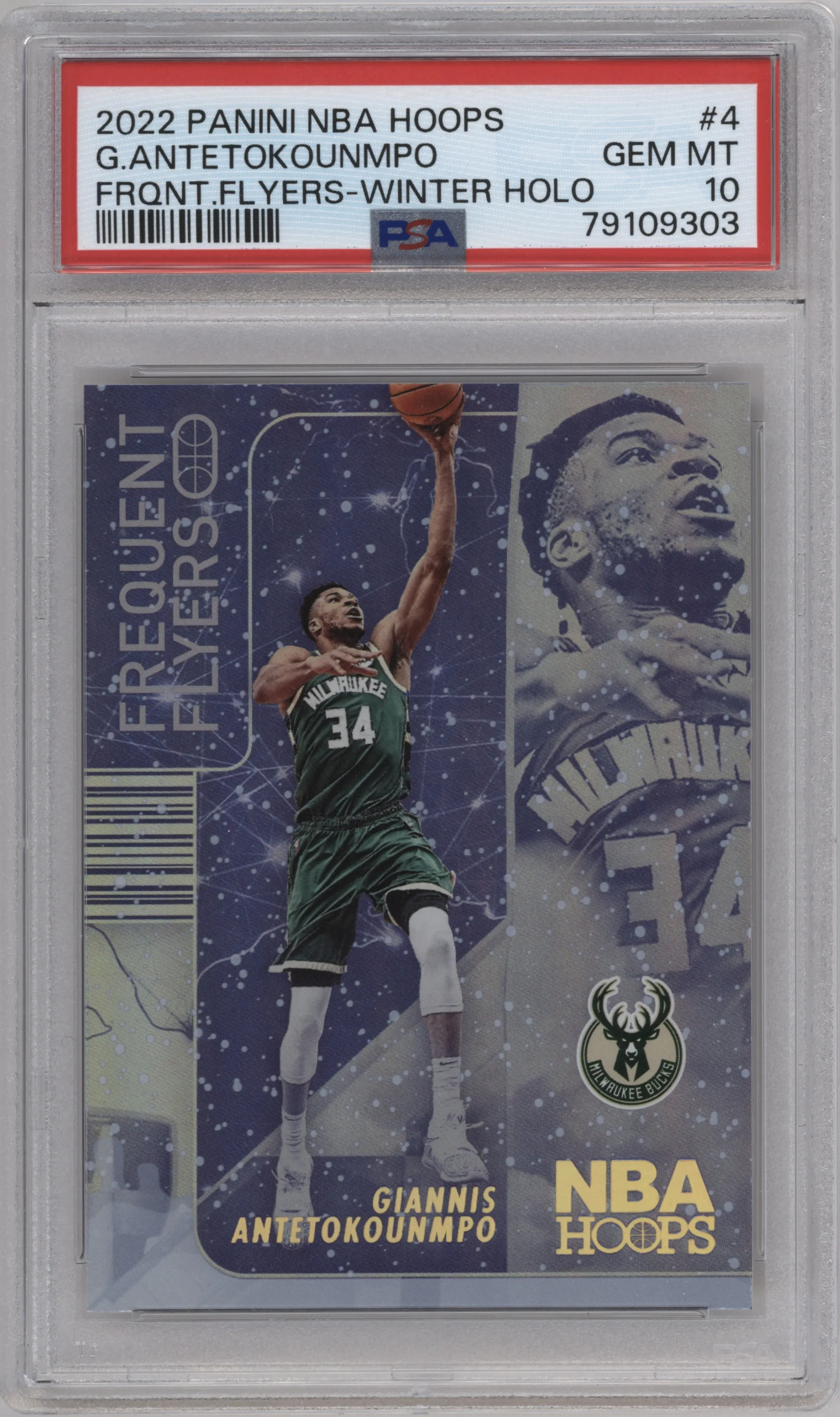 Giannis Antetokounmpo from the 2022-23 Panini NBA Hoops set featuring a Winter Holo parallel graded by PSA and given an overall grade of 10.