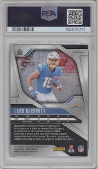 Ladd McConkey from the 2024 Panini Prizm set featuring a Blue Shimmer parallel graded by PSA and given an overall grade of 9.