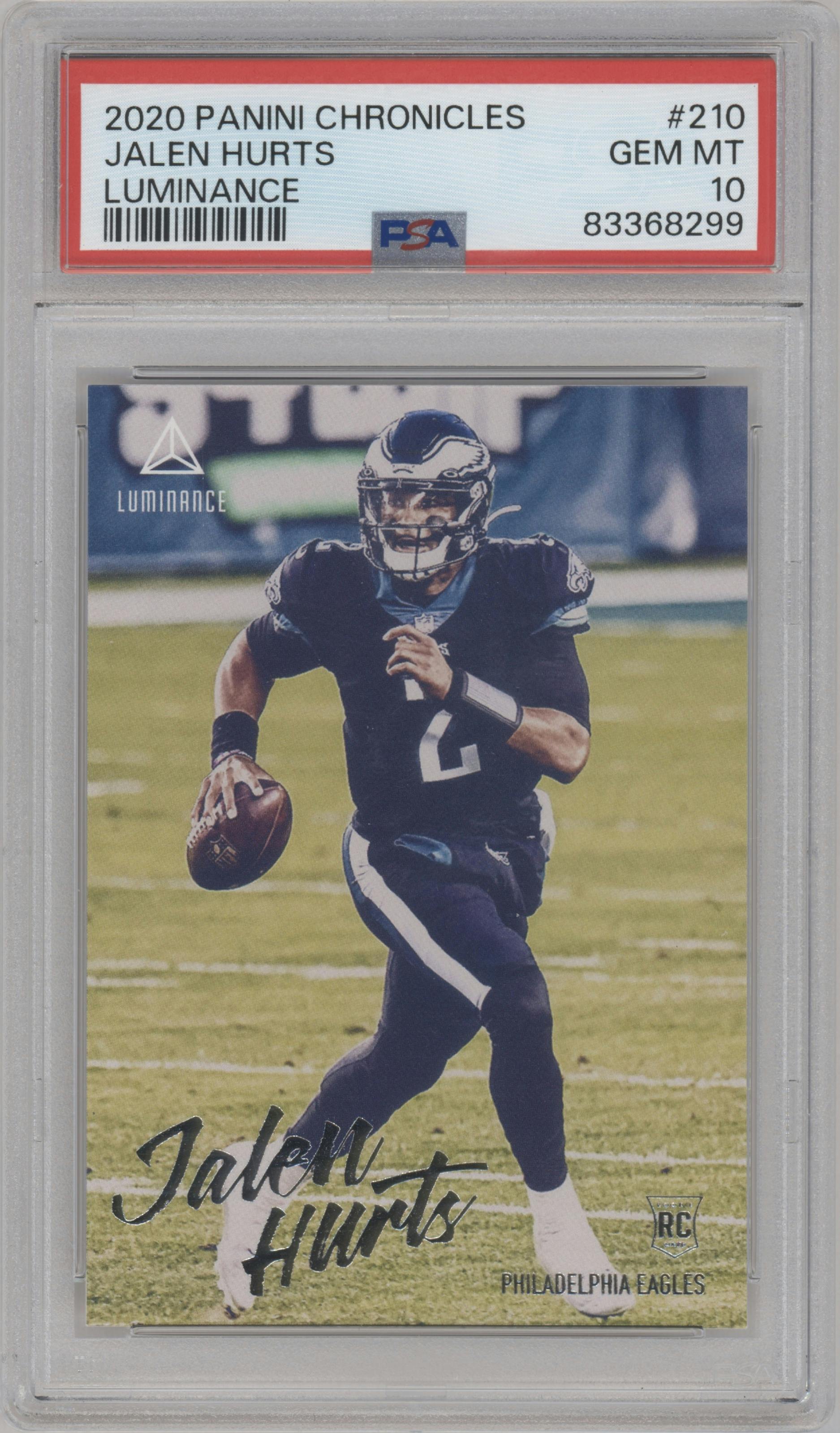 Jalen Hurts from the 2020 Panini Chronicles set graded by PSA and given an overall grade of 10.