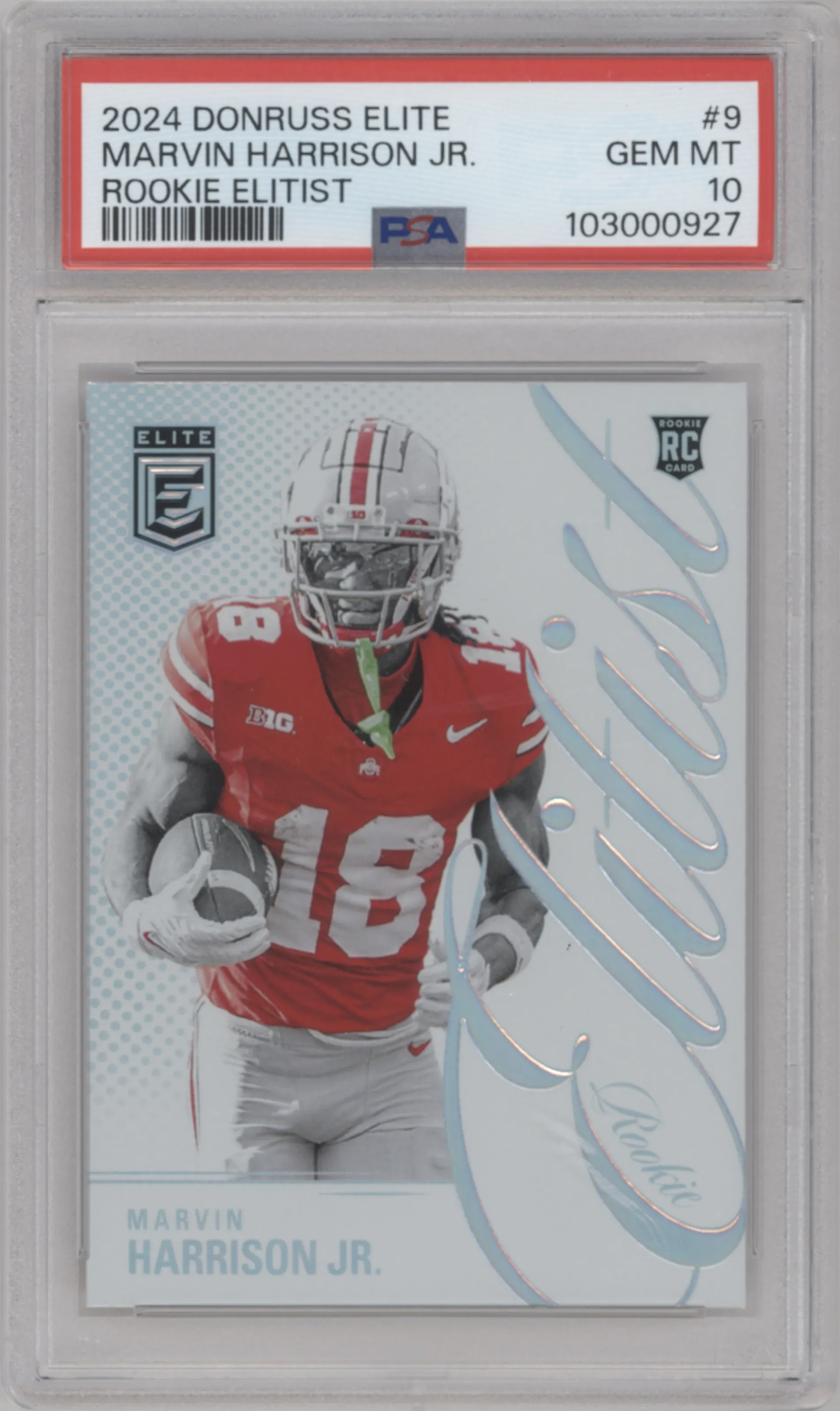 Marvin Harrison Jr. from the 2024 Panini Donruss Elite set graded by PSA and given an overall grade of 10.