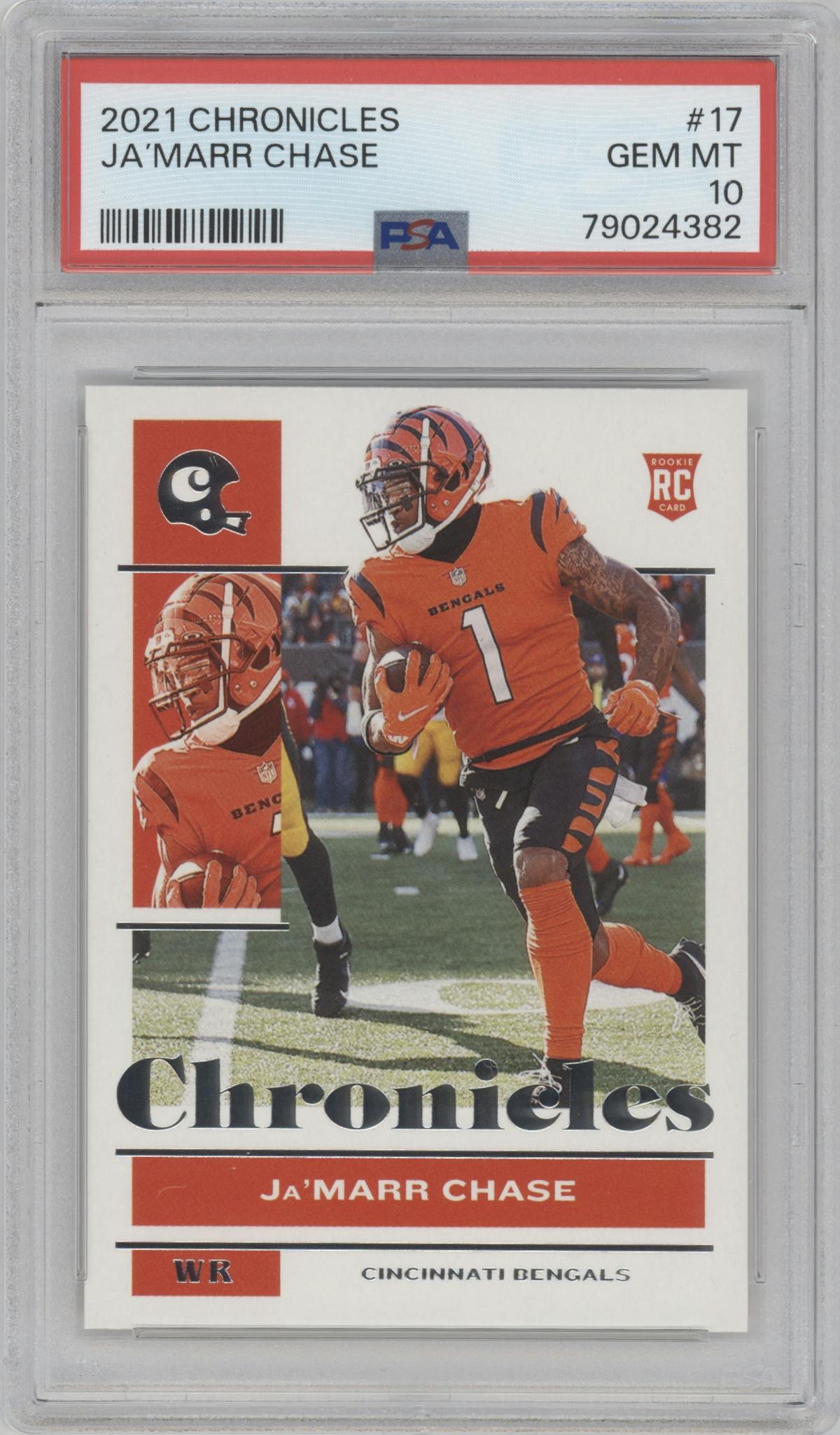 Ja'Marr Chase from the 2021 Panini Chronicles set graded by PSA and given an overall grade of 10.