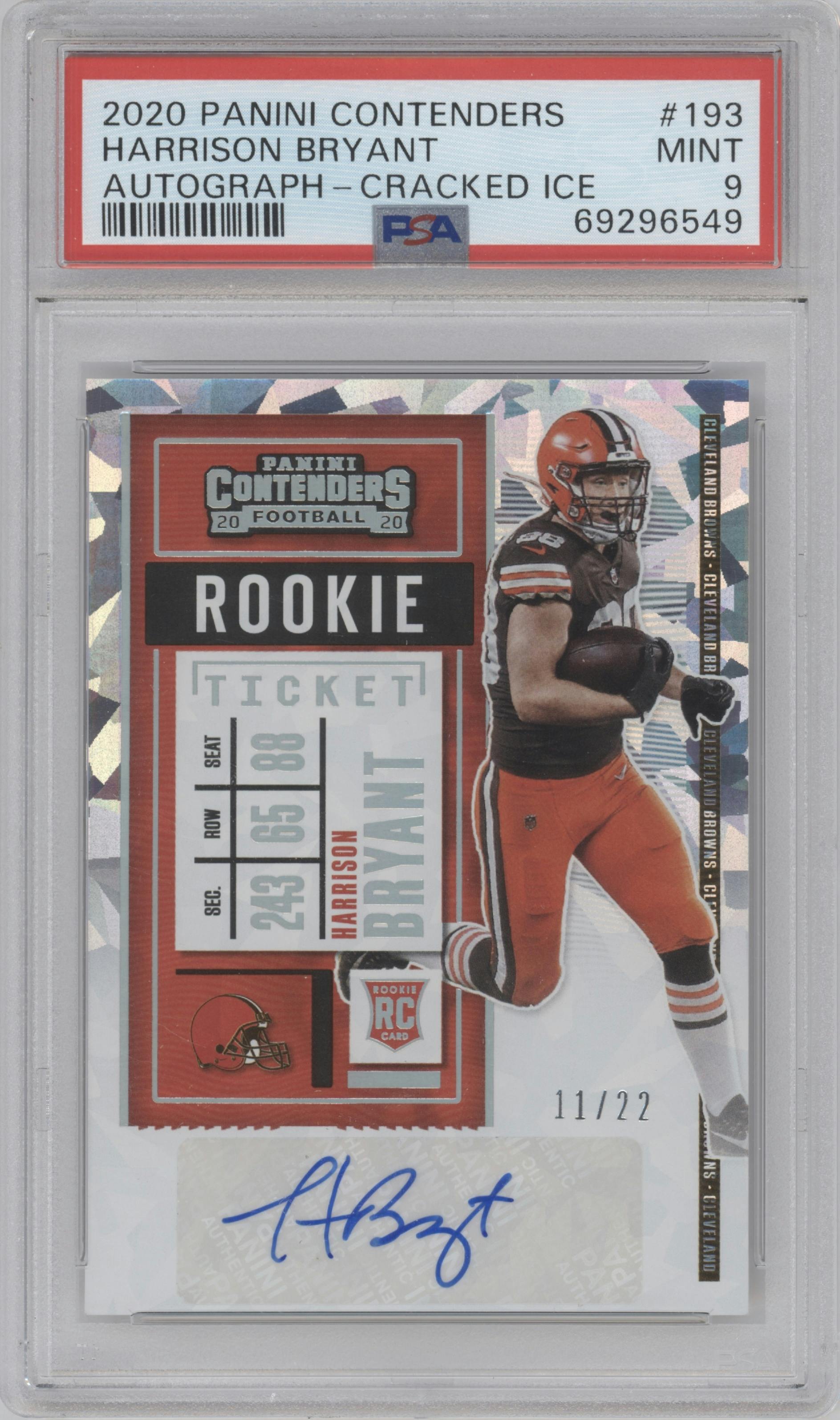Harrison Bryant from the 2020 Panini Contenders set featuring a Cracked Ice parallel graded by PSA and given an overall grade of 9.