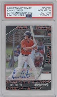 Evan Carter from the 2020 Panini Prizm Draft Picks set featuring a Snakeskin Prizm parallel graded by PSA and given an overall grade of 10.