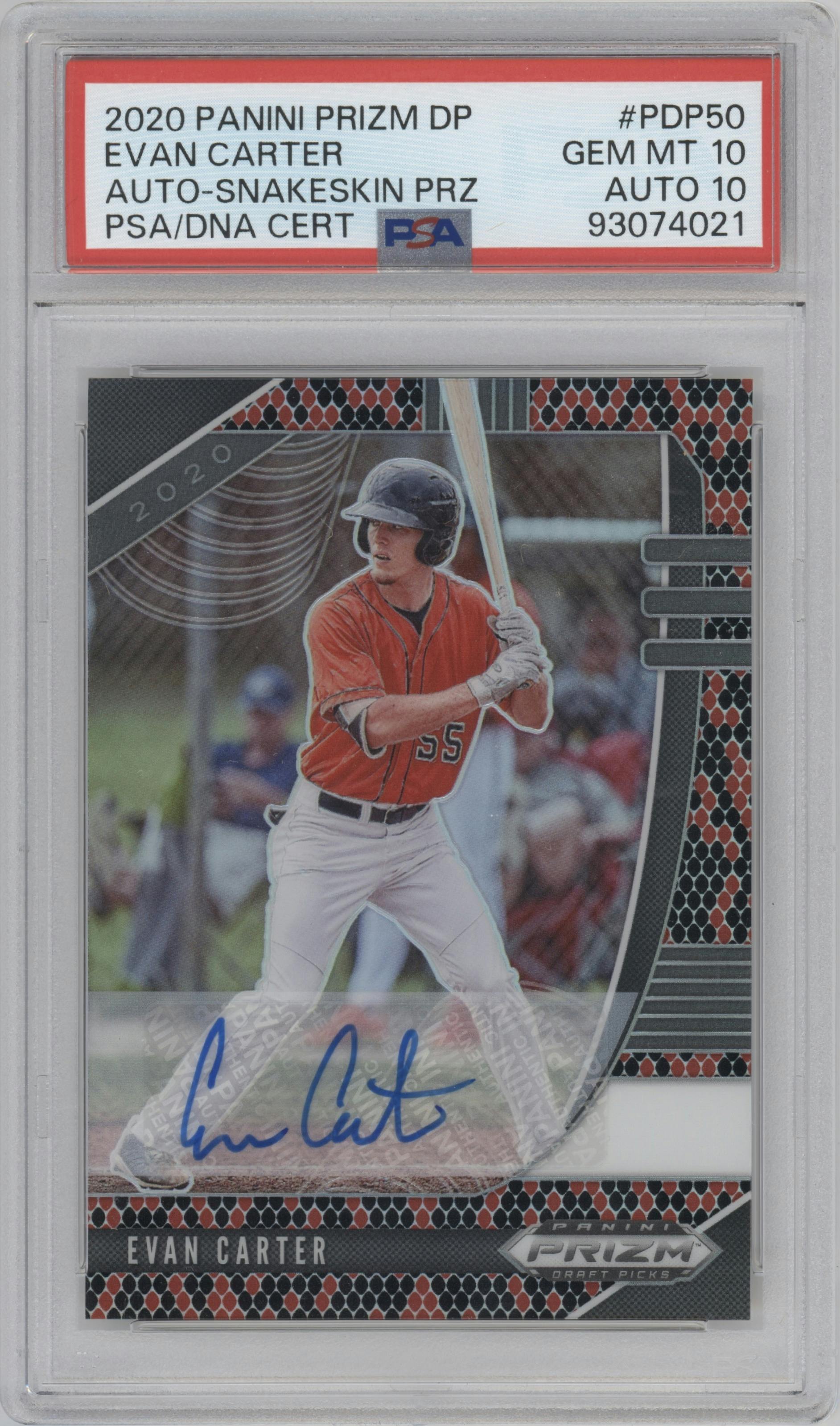 Evan Carter from the 2020 Panini Prizm Draft Picks set featuring a Snakeskin Prizm parallel graded by PSA and given an overall grade of 10.