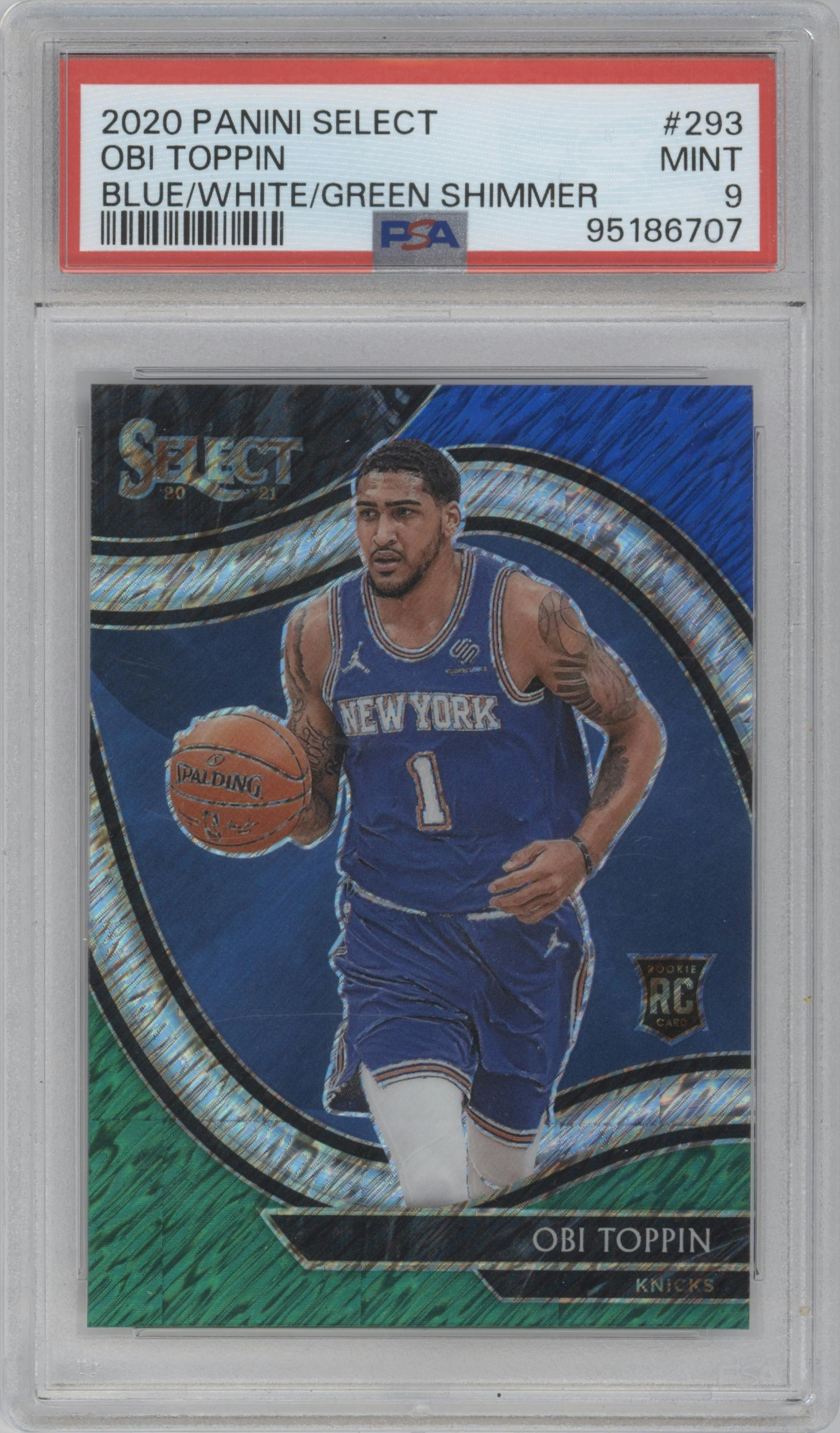 Obi Toppin from the 2020-21 Panini Select  set featuring a Blue White Green Shimmer Prizm parallel graded by PSA and given an overall grade of 9.