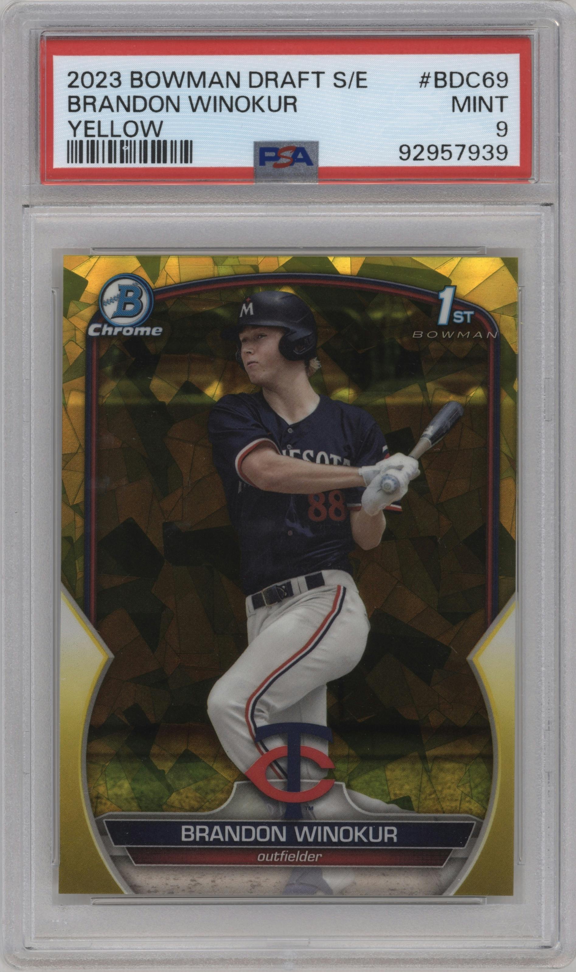 Brandon Winokur from the 2023 Bowman Draft Sapphire set featuring a Yellow parallel graded by PSA and given an overall grade of 9.