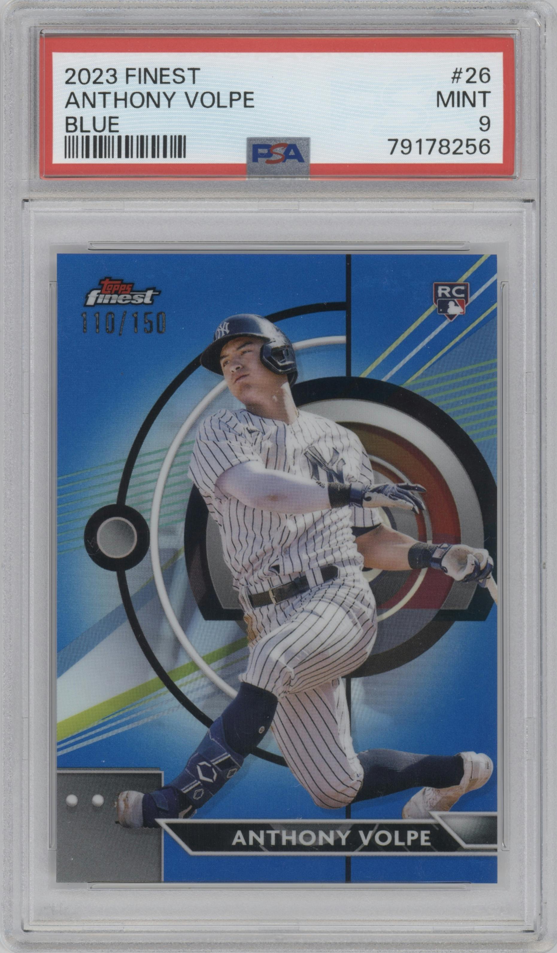 Anthony Volpe from the 2023 Topps Finest set featuring a Blue Refractor parallel graded by PSA and given an overall grade of 9.