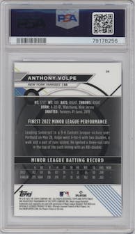 Anthony Volpe from the 2023 Topps Finest set featuring a Blue Refractor parallel graded by PSA and given an overall grade of 9.