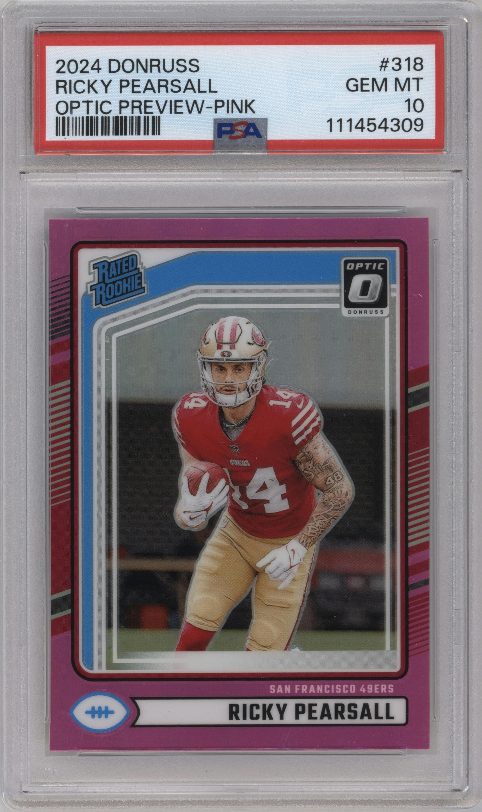 Ricky Pearsall from the 2024 Donruss set featuring a Pink parallel graded by PSA and given an overall grade of 10.