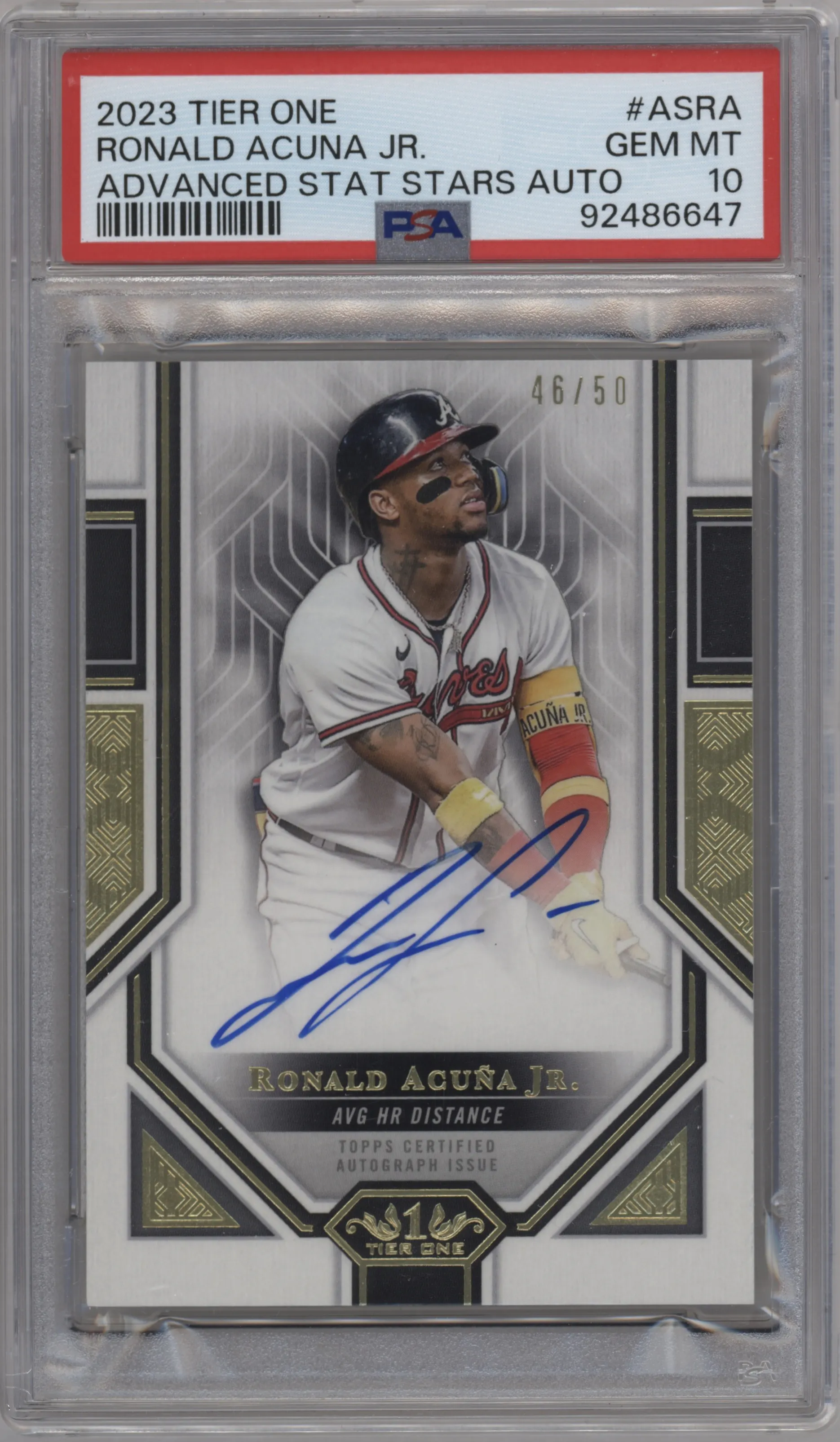 Ronald Acuna Jr. from the 2023 Topps Tier One set graded by PSA and given an overall grade of 10.