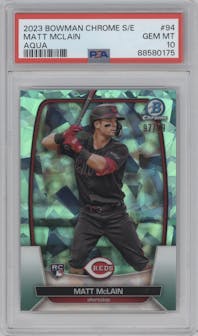Matt McLain from the 2023 Bowman Chrome Sapphire Edition set featuring a Aqua parallel graded by PSA and given an overall grade of 10.