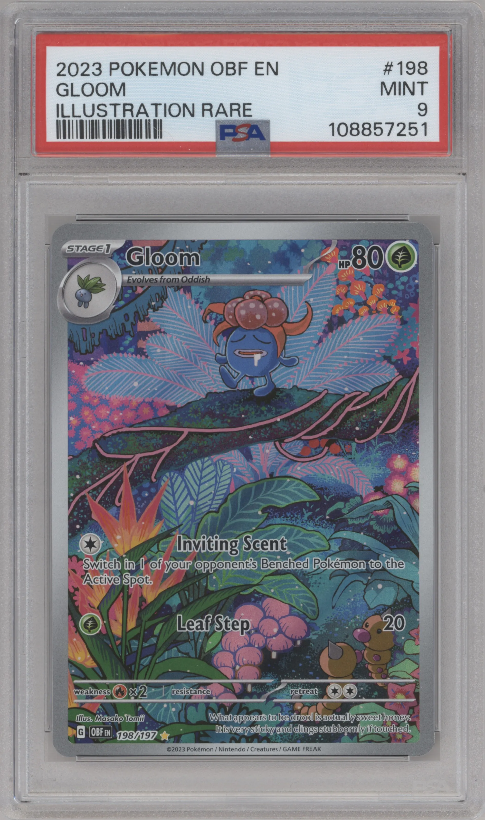 Gloom from the 2023 Pokemon SV set graded by PSA and given an overall grade of 9.