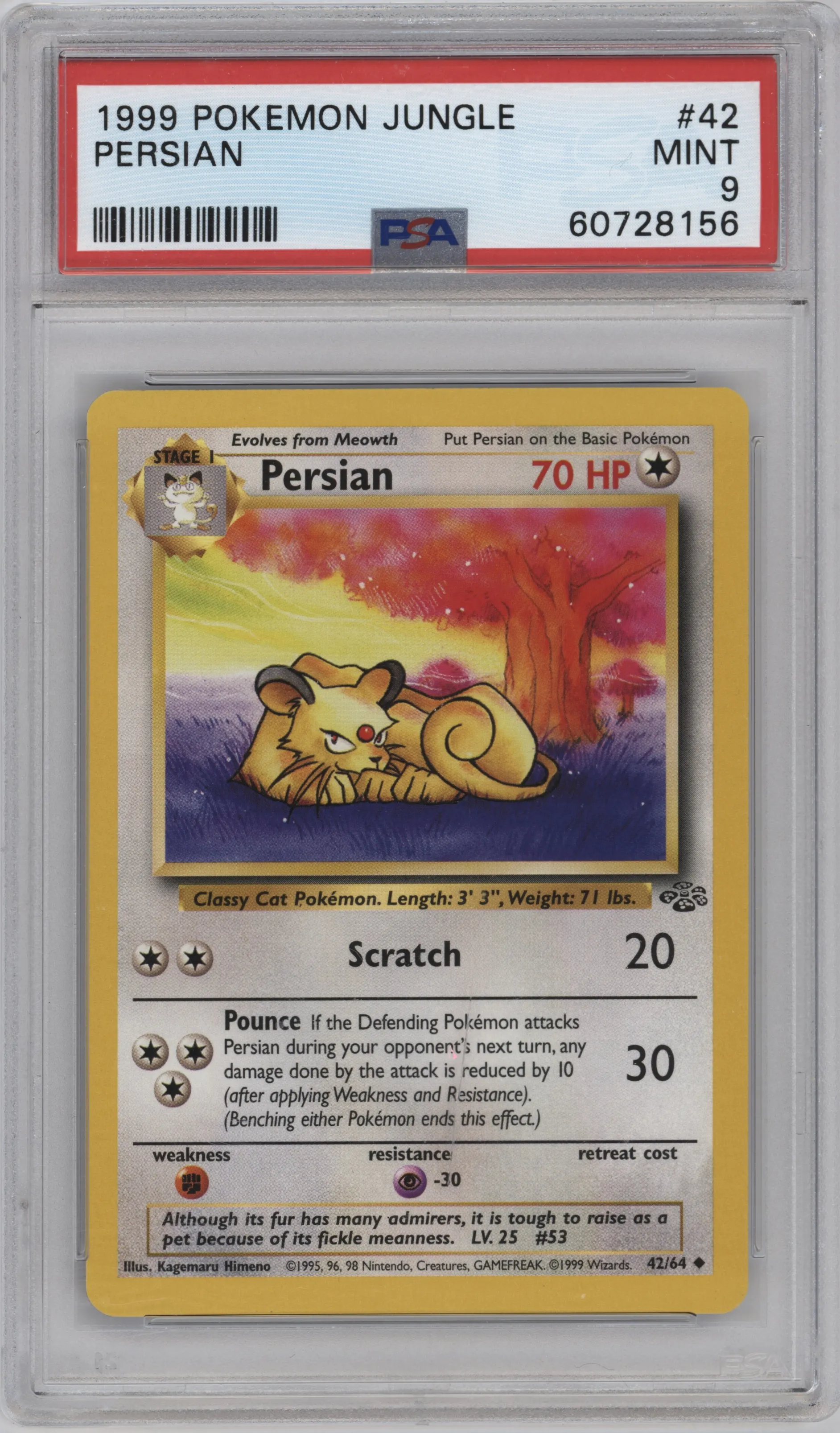 Persian from the 1999 Pokemon set graded by PSA and given an overall grade of 9.