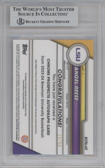 Angel Reese from the 2023-24 Bowman U Chrome set featuring a Gold Refractor parallel graded by Beckett and given an overall grade of 9.