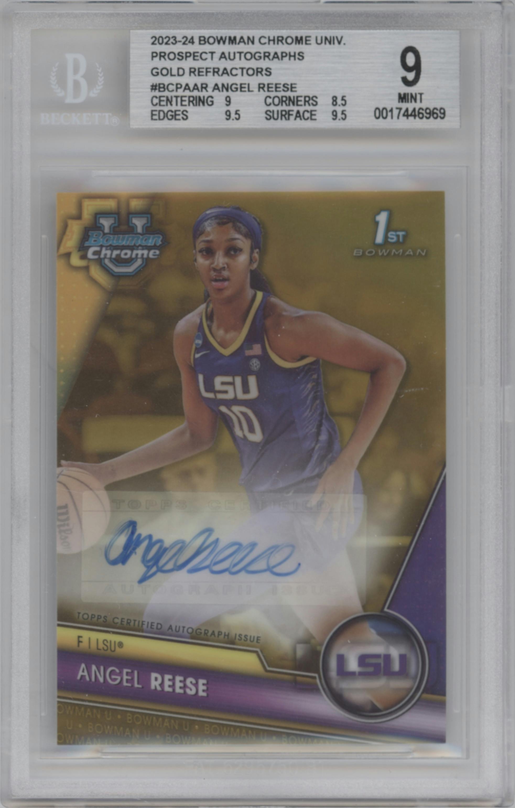 Angel Reese from the 2023-24 Bowman U Chrome set featuring a Gold Refractor parallel graded by Beckett and given an overall grade of 9.