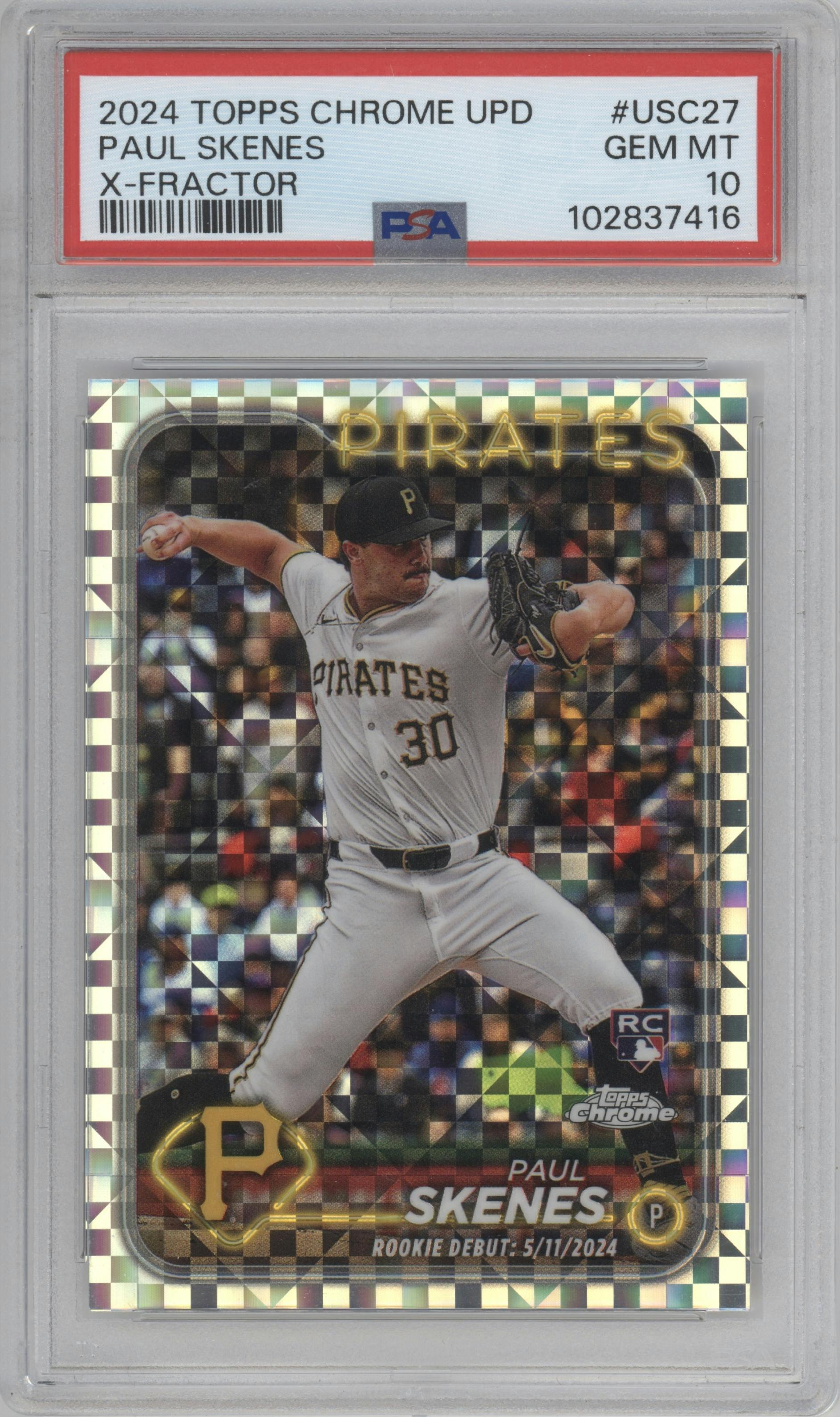 Paul Skenes from the 2024 Topps Chrome Update set featuring a X-Fractor parallel graded by PSA and given an overall grade of 10.