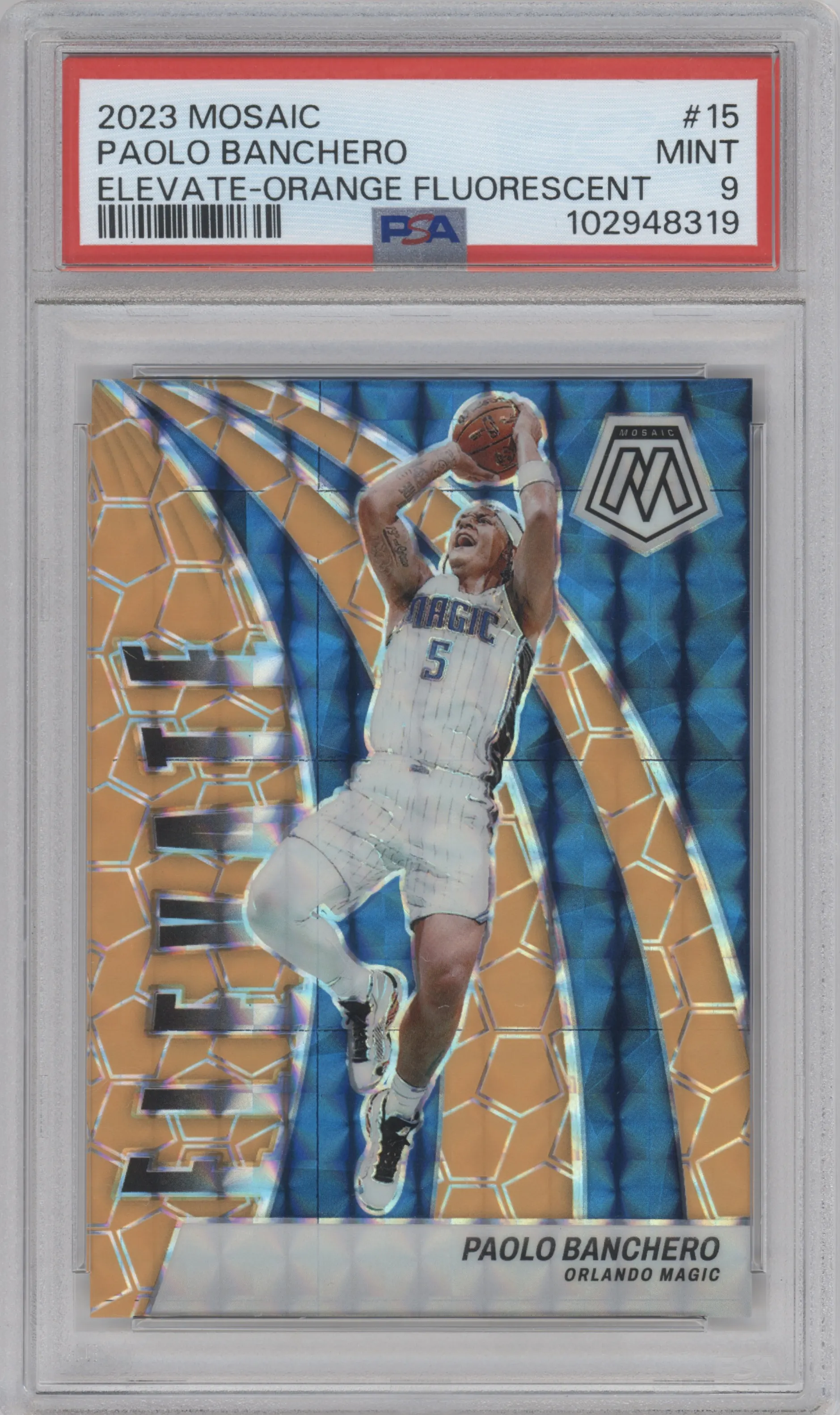 Paolo Banchero from the 2023-24 Panini Mosaic set featuring a Orange Fluorescent  parallel graded by PSA and given an overall grade of 9.