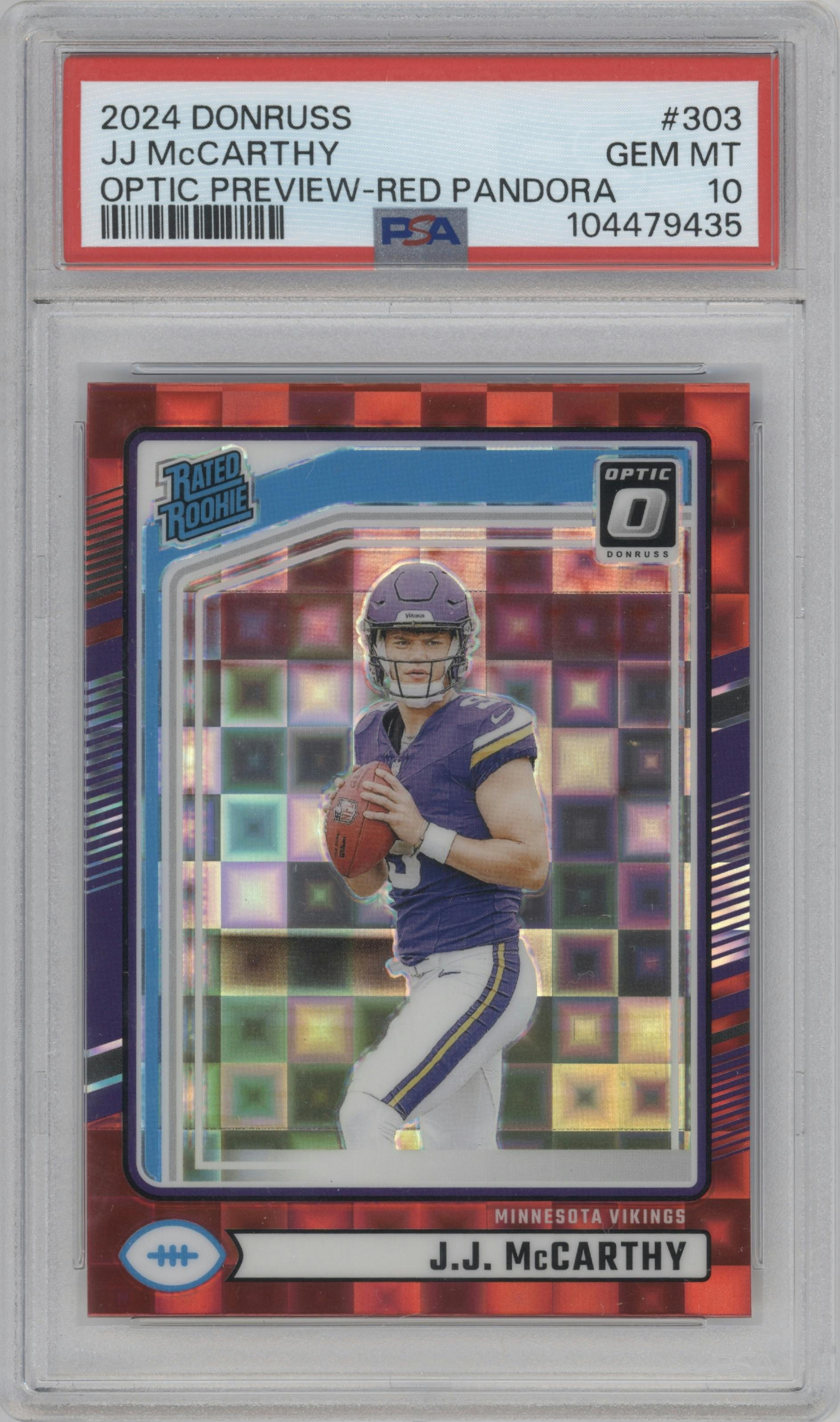 J.J. McCarthy from the 2024 Donruss set featuring a Red Pandora parallel graded by PSA and given an overall grade of 10.