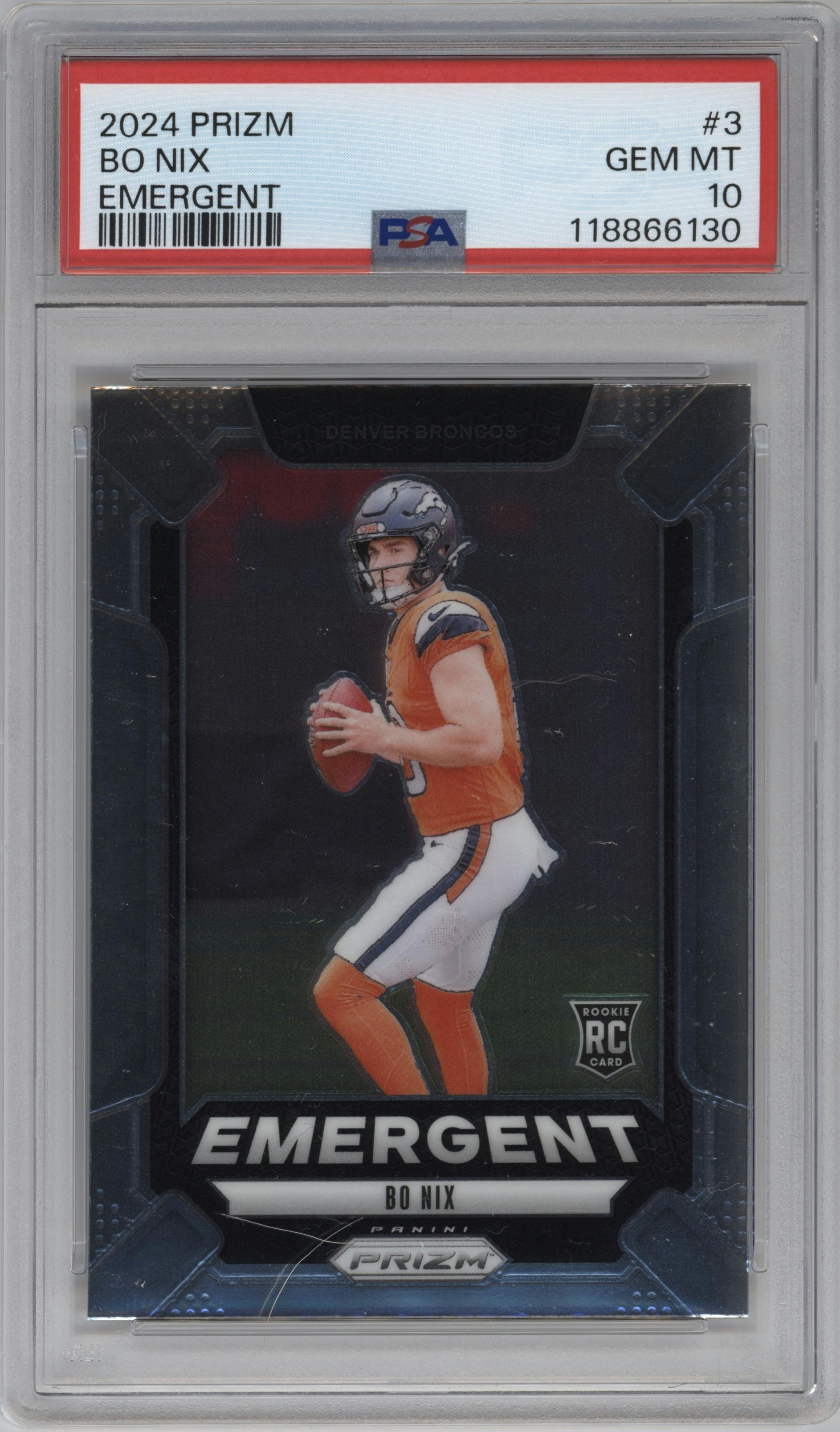 Bo Nix from the 2024 Panini Prizm set graded by PSA and given an overall grade of 10.
