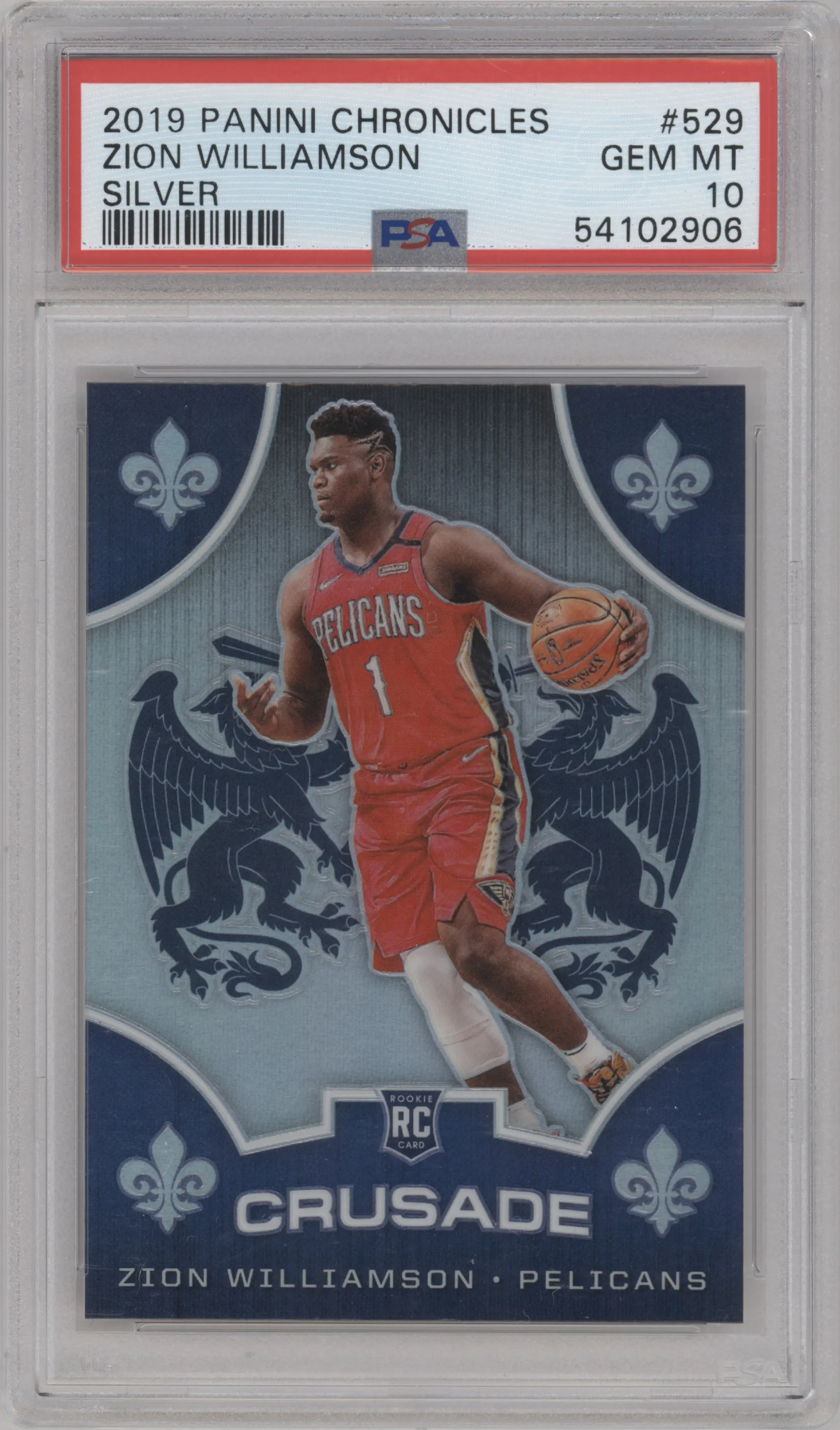 Zion Williamson from the 2019-20 Panini Chronicles  set featuring a Silver parallel graded by PSA and given an overall grade of 10.