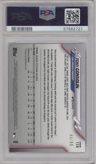 Tony Gonsolin from the 2020 Topps Chrome set featuring a Green Wave Refractor parallel graded by PSA and given an overall grade of 10.