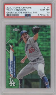 Tony Gonsolin from the 2020 Topps Chrome set featuring a Green Wave Refractor parallel graded by PSA and given an overall grade of 10.