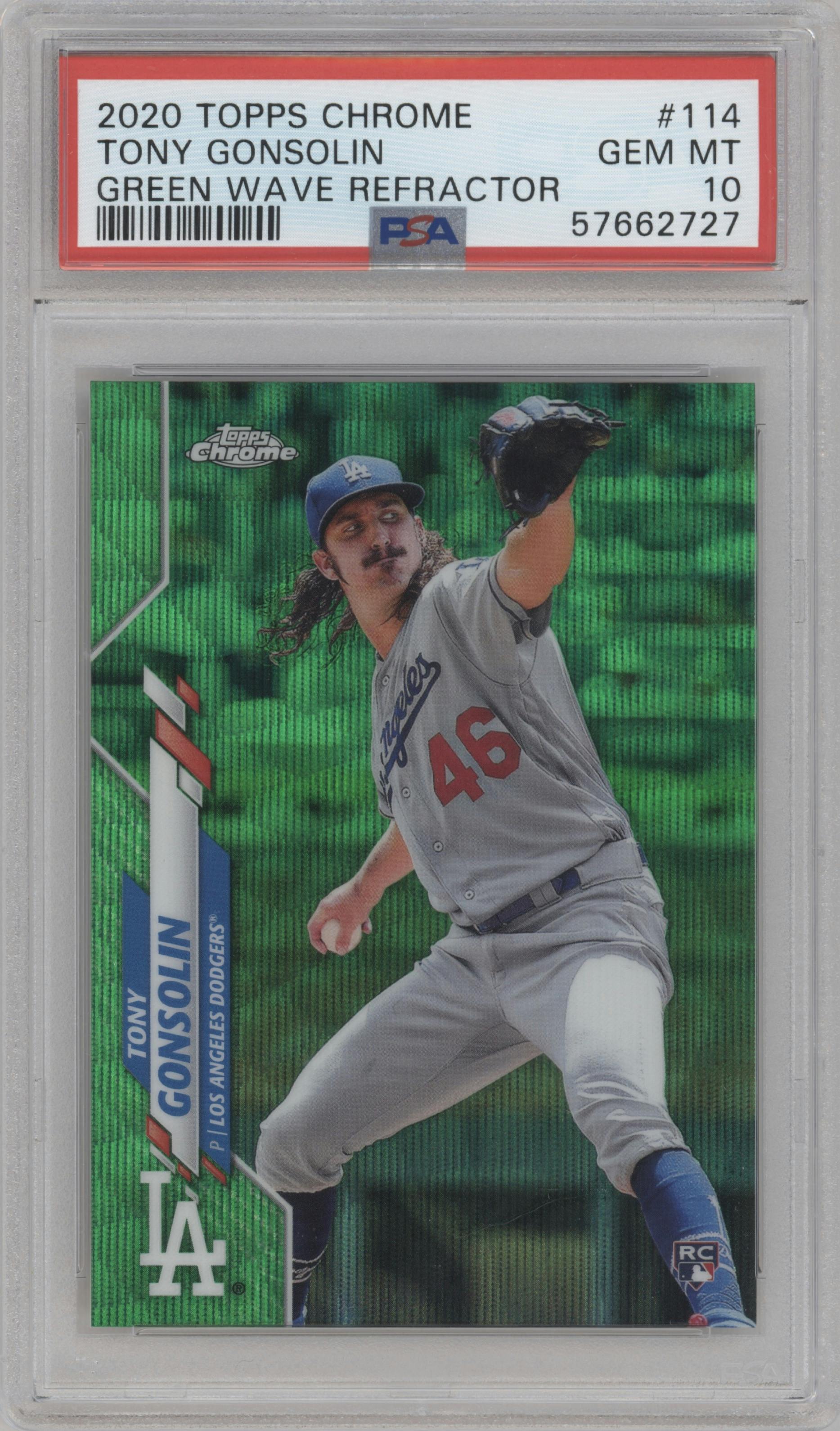Tony Gonsolin from the 2020 Topps Chrome set featuring a Green Wave Refractor parallel graded by PSA and given an overall grade of 10.
