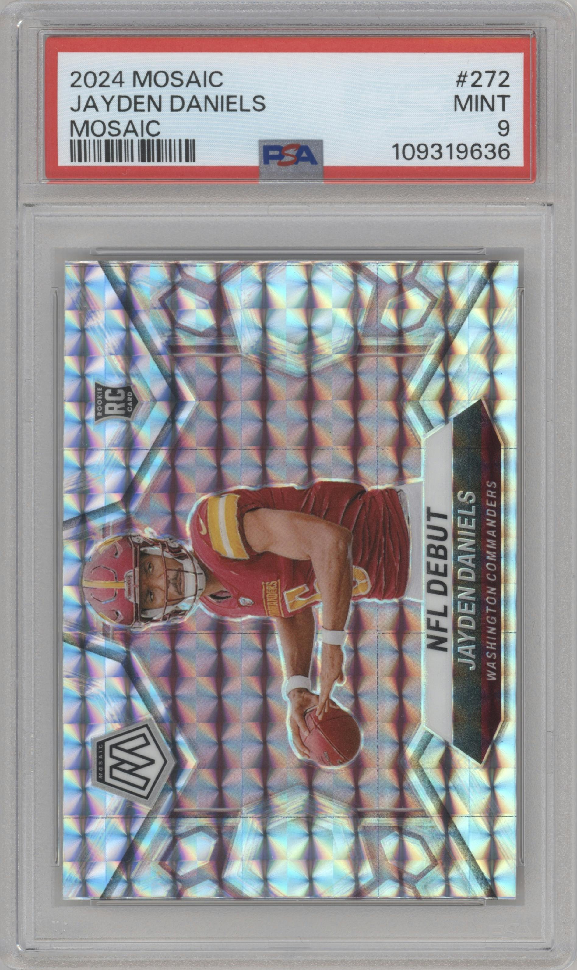 Jayden Daniels from the 2024 Panini Mosaic set featuring a Mosaic parallel graded by PSA and given an overall grade of 9.