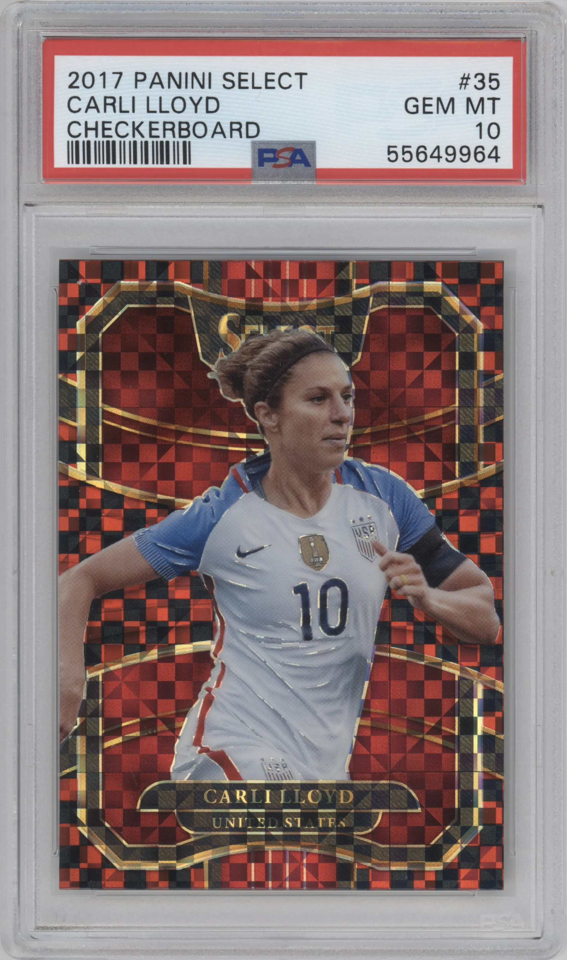 Carli Lloyd from the 2017-18 Panini Select set featuring a Checkerboard parallel graded by PSA and given an overall grade of 10.