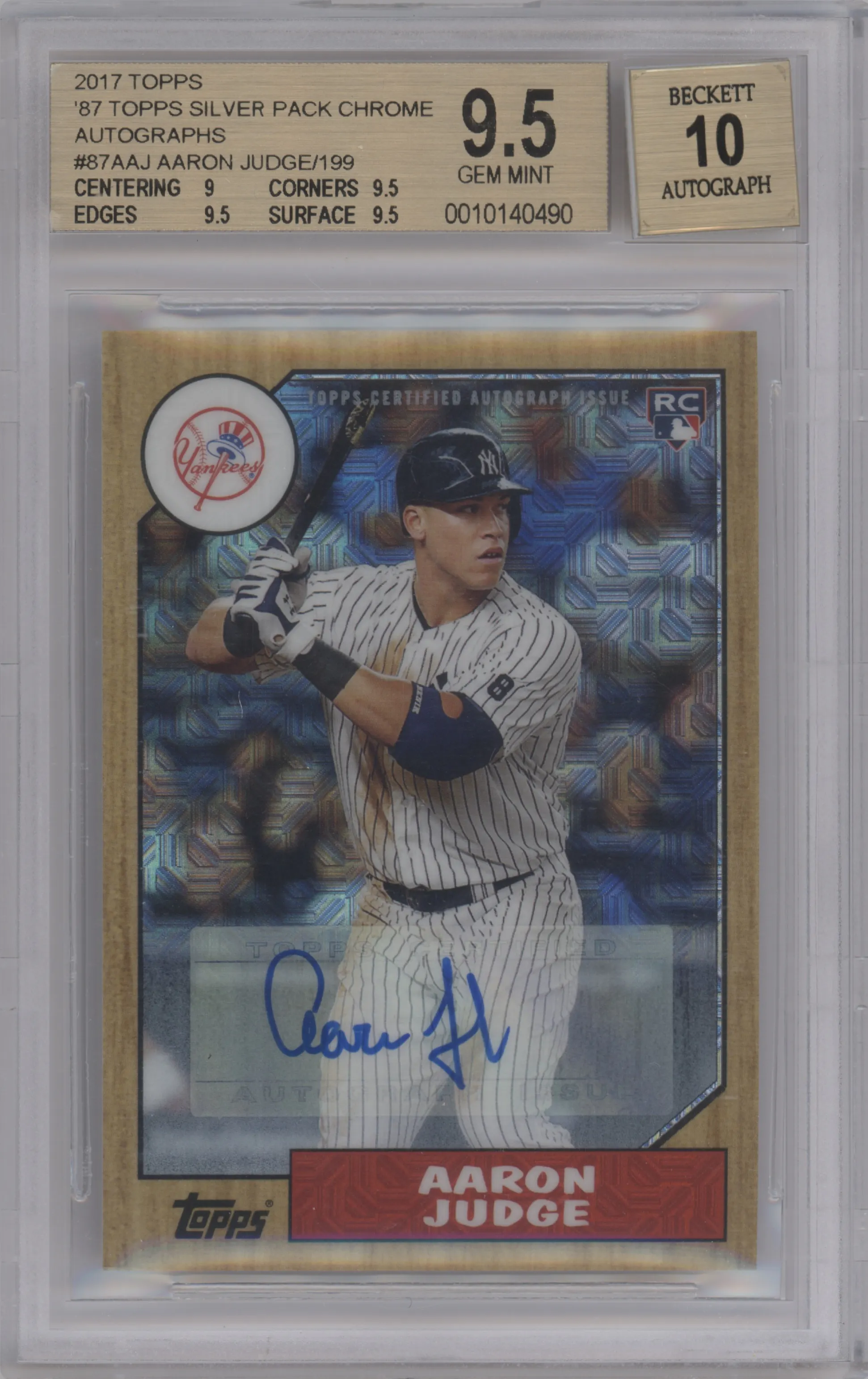 Aaron Judge from the 2017 Topps Baseball Silver Pack 1987 Chrome Promo set graded by Beckett and given an overall grade of 9.5.