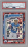 Ladd McConkey from the 2024 Donruss set featuring a Red Pandora parallel graded by PSA and given an overall grade of 10.
