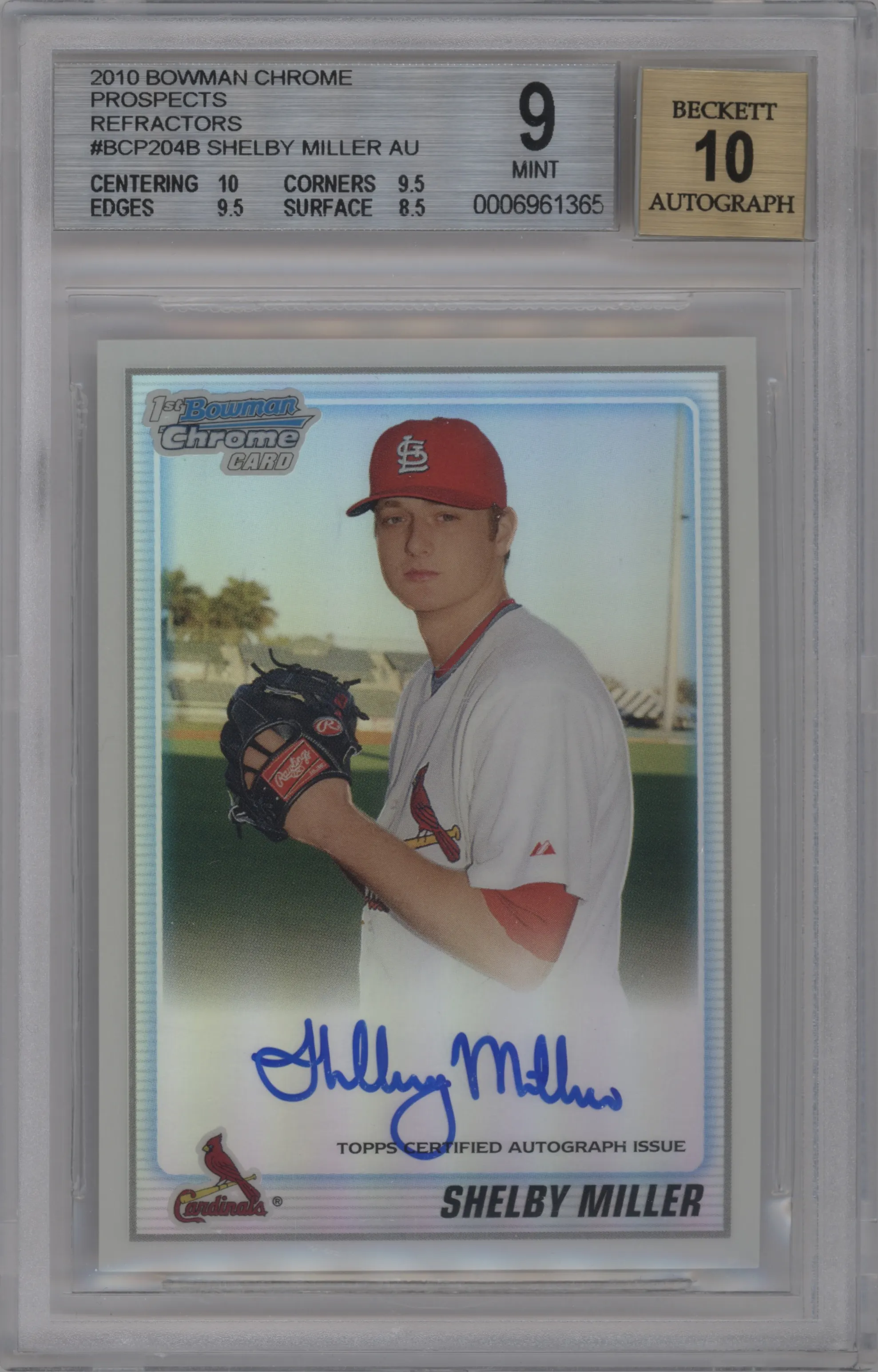 2010 Bowman Chrome Prospects Auto Shelby Miller Refractor #BCP204 BGS 9