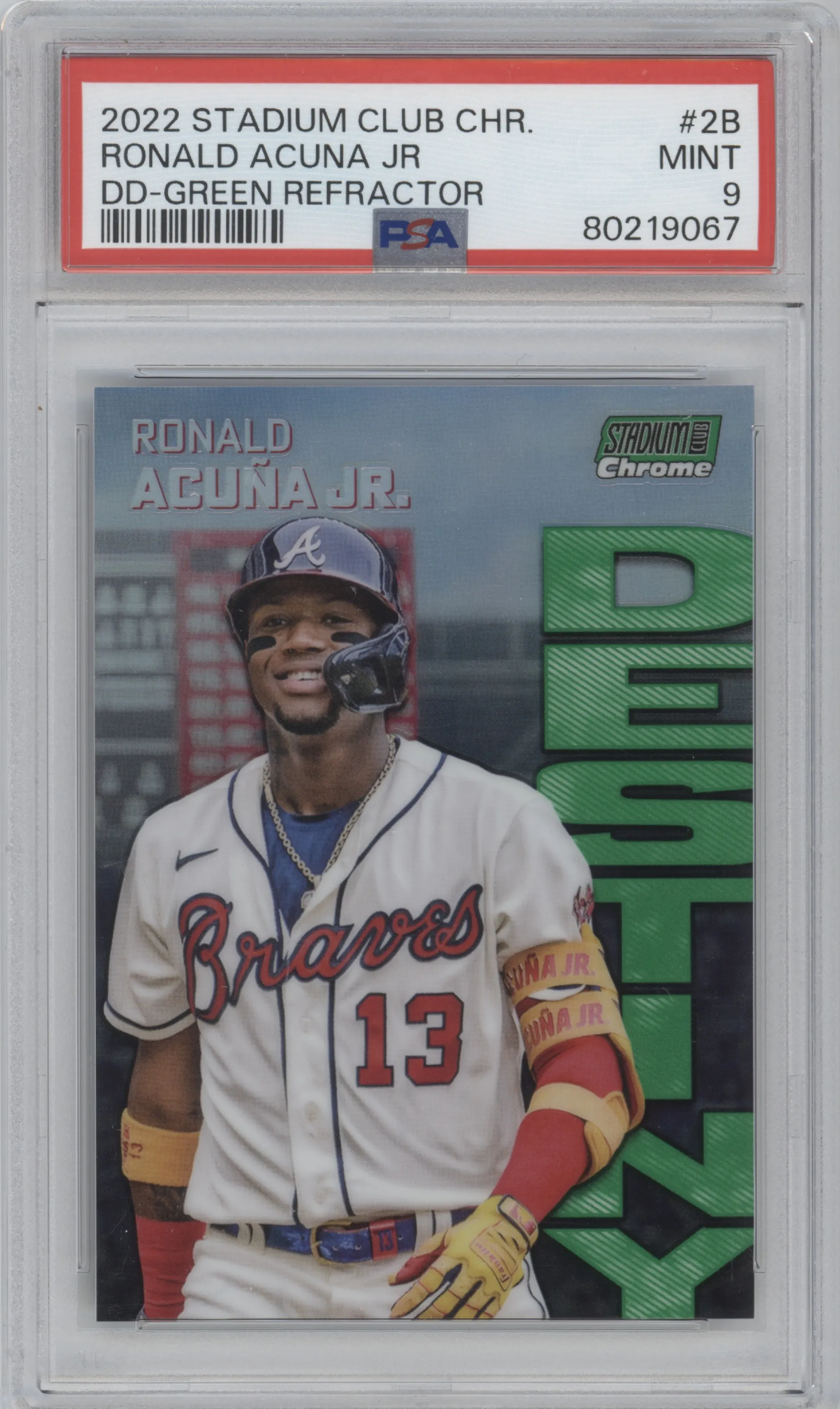 Ronald Acuna Jr. from the 2022 Stadium Club Chrome set featuring a Green Refractor parallel graded by PSA and given an overall grade of 9.