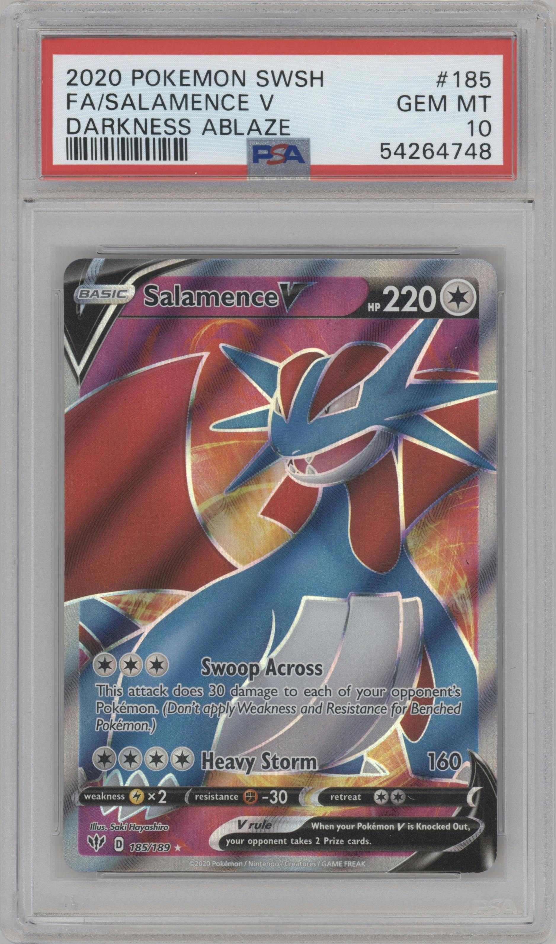 Salamence V from the 2020 Pokemon SWSH set graded by PSA and given an overall grade of 10.