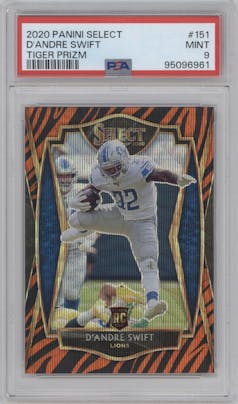 D'Andre Swift from the 2020 Panini Select set featuring a Tiger parallel graded by PSA and given an overall grade of 9.