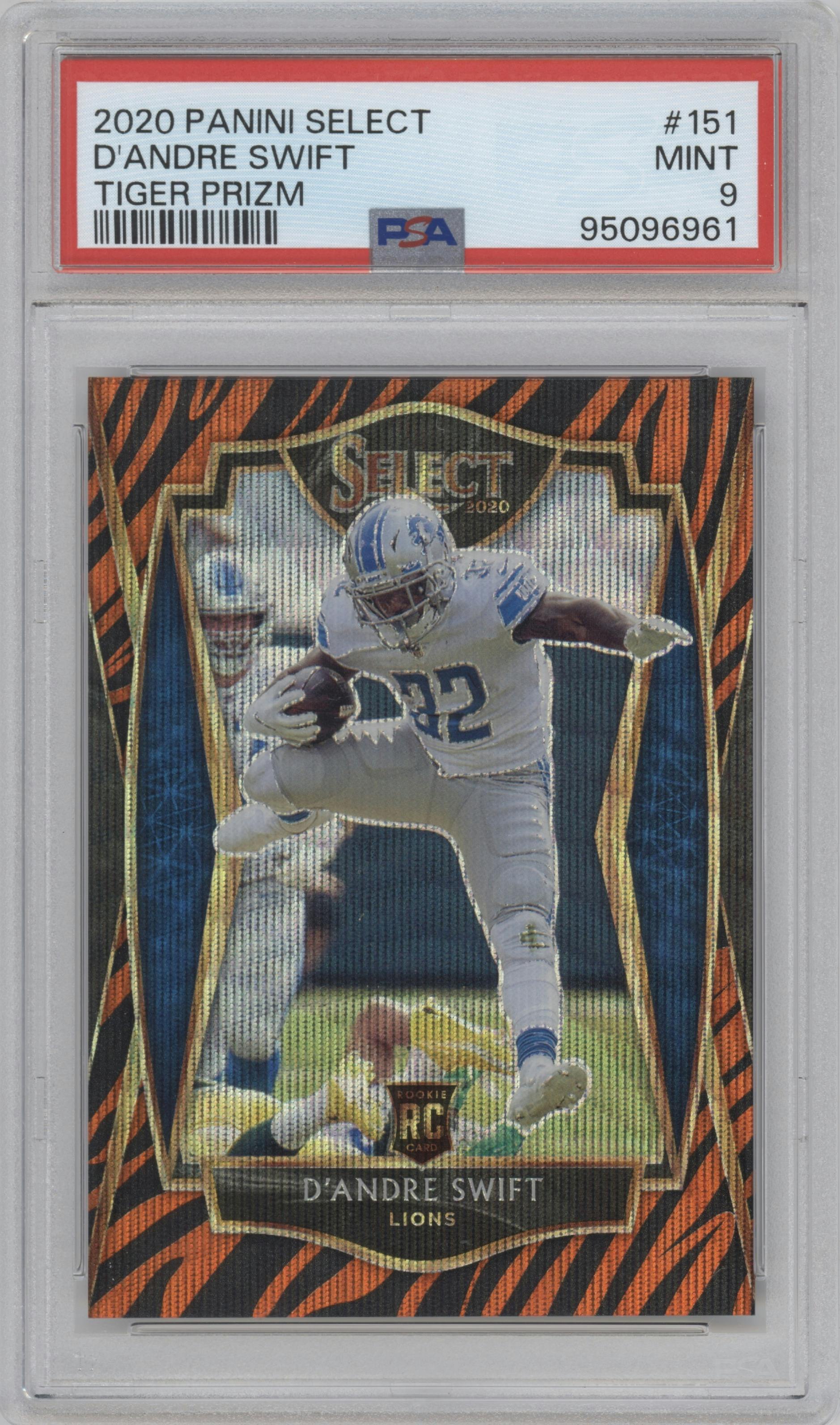 D'Andre Swift from the 2020 Panini Select set featuring a Tiger parallel graded by PSA and given an overall grade of 9.