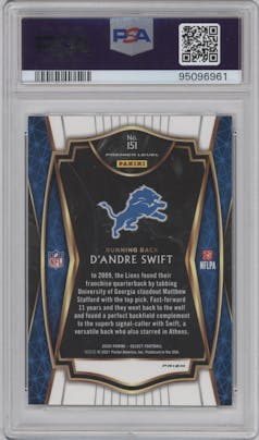 D'Andre Swift from the 2020 Panini Select set featuring a Tiger parallel graded by PSA and given an overall grade of 9.