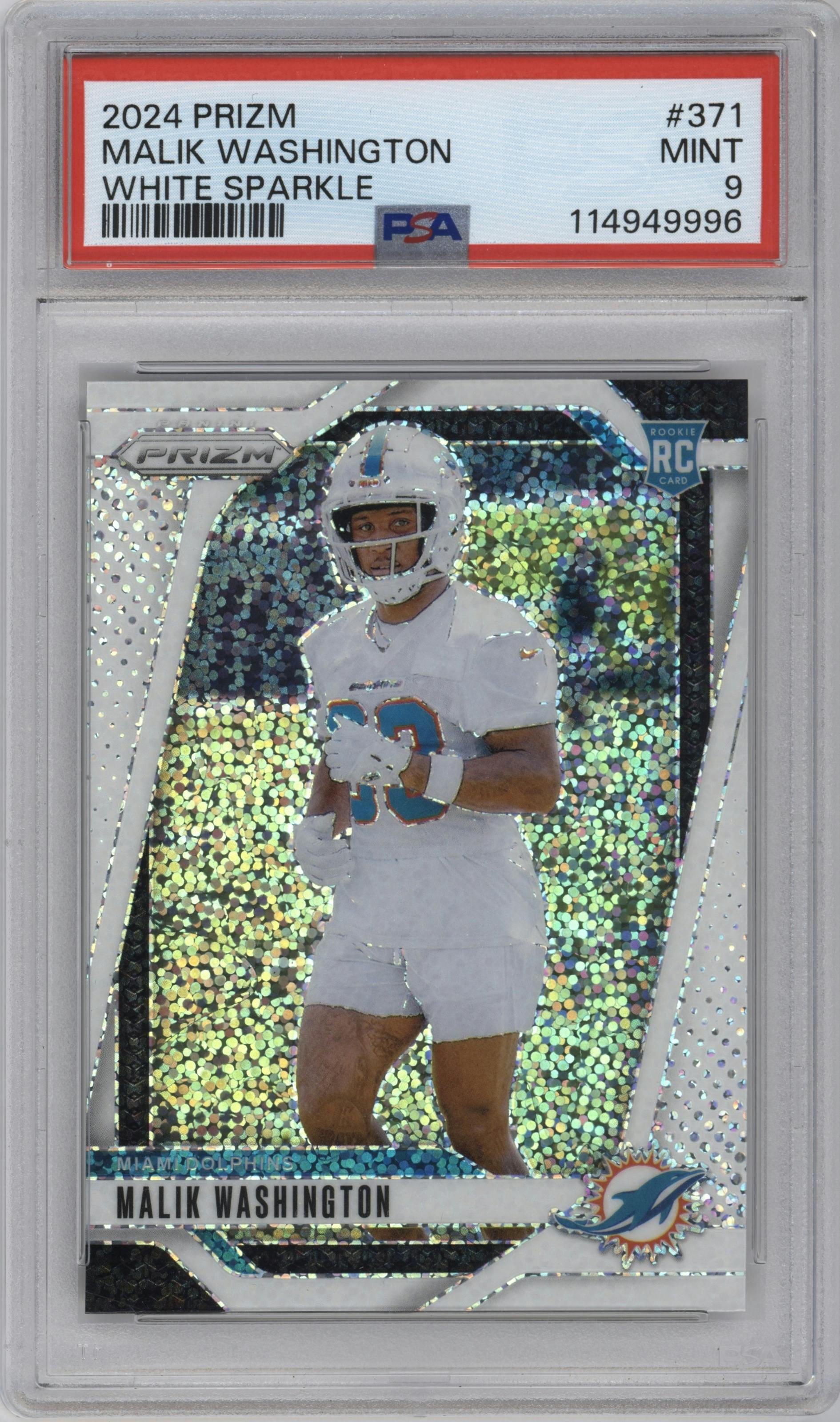 Malik Washington from the 2024 Panini Prizm set featuring a White Sparkle parallel graded by PSA and given an overall grade of 9.