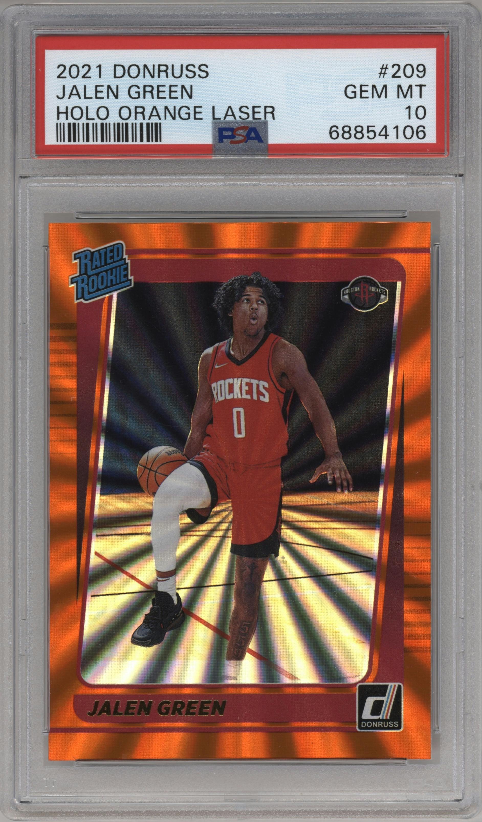 Jalen Green from the 2021-22 Panini Donruss set featuring a Orange Holo Laser parallel graded by PSA and given an overall grade of 10.