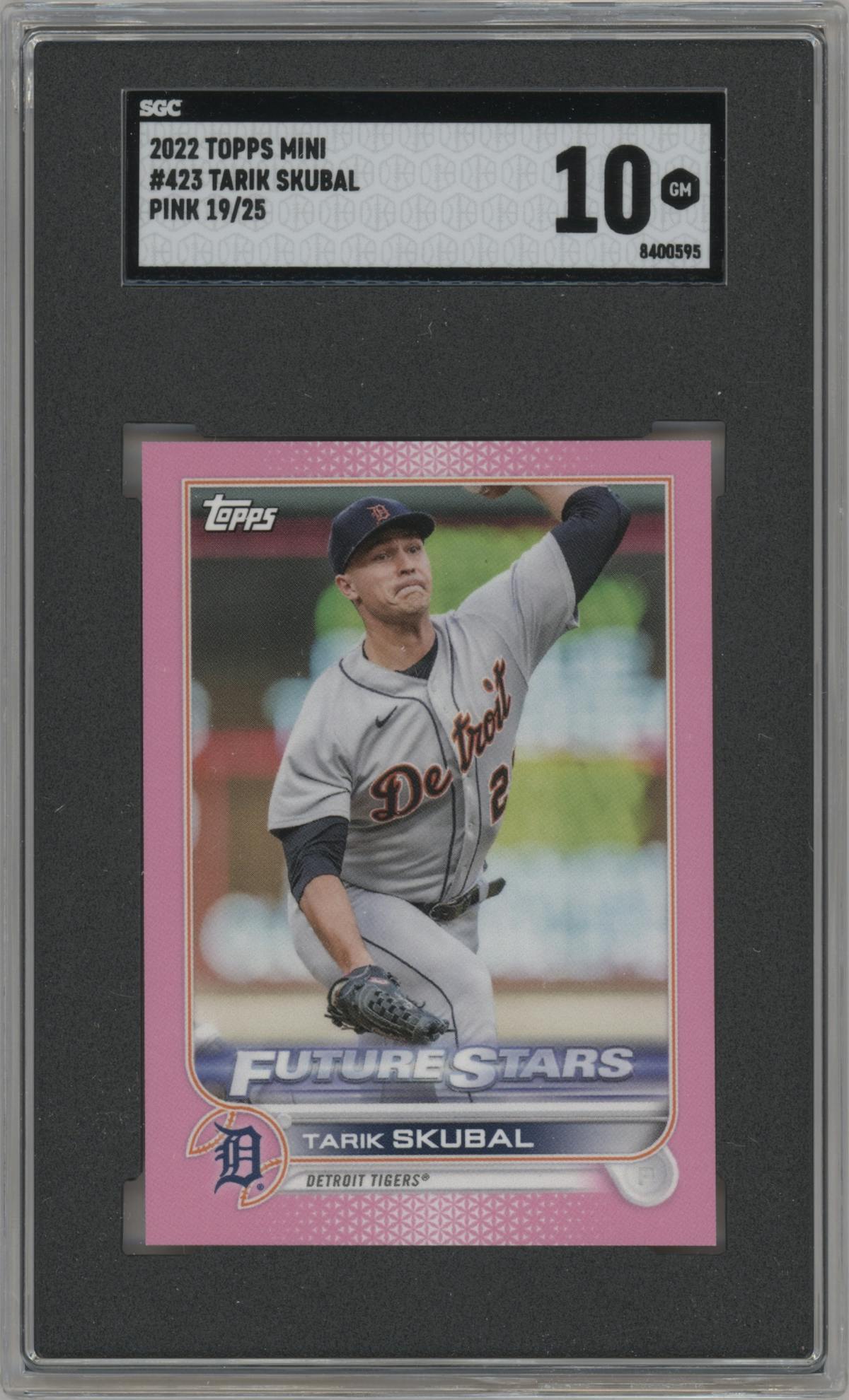 Tarik Skubal from the 2022 Topps Mini set featuring a Pink parallel graded by SGC and given an overall grade of 10.