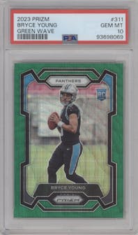 Bryce Young from the 2023 Panini Prizm set featuring a Green Wave  parallel graded by PSA and given an overall grade of 10.