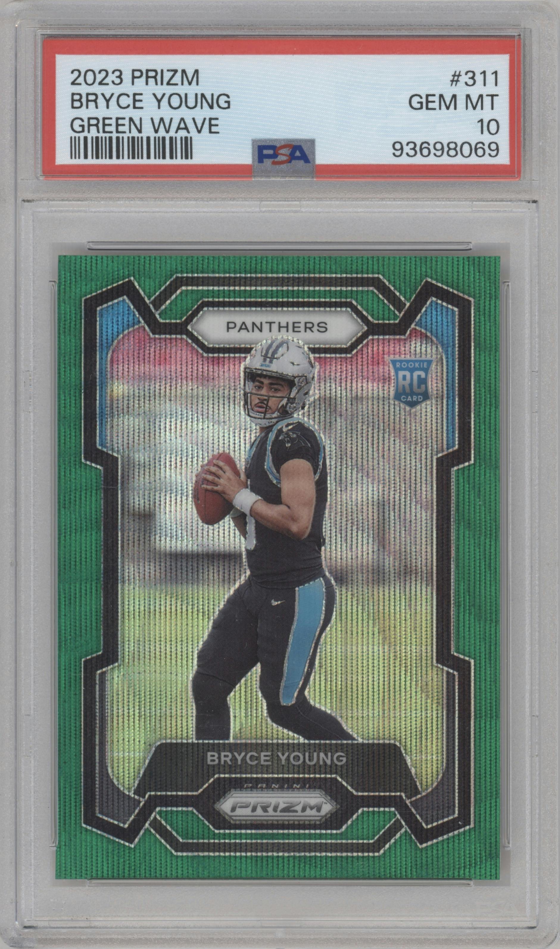 Bryce Young from the 2023 Panini Prizm set featuring a Green Wave  parallel graded by PSA and given an overall grade of 10.