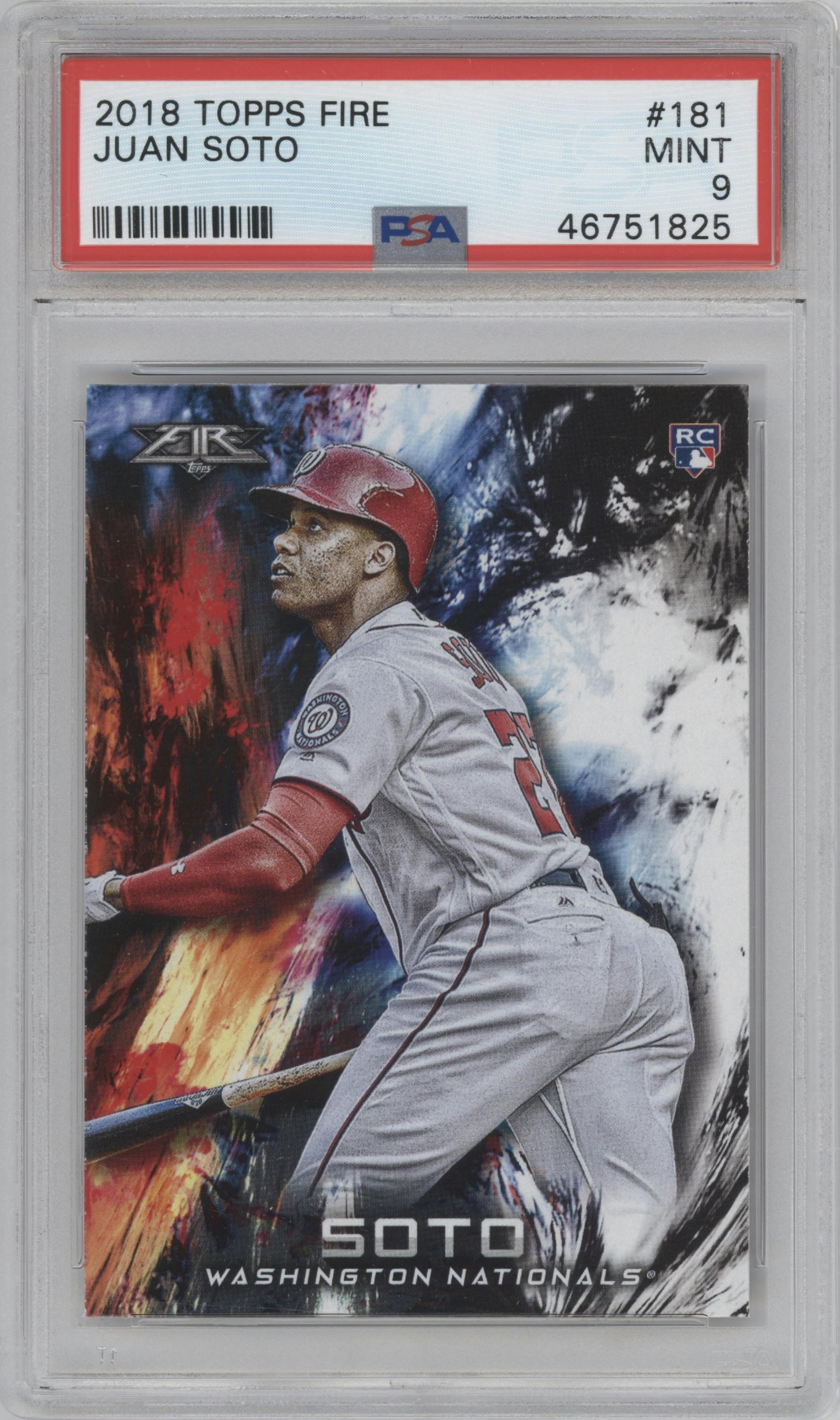 Juan Soto from the 2018 Topps Fire set graded by PSA and given an overall grade of 9.