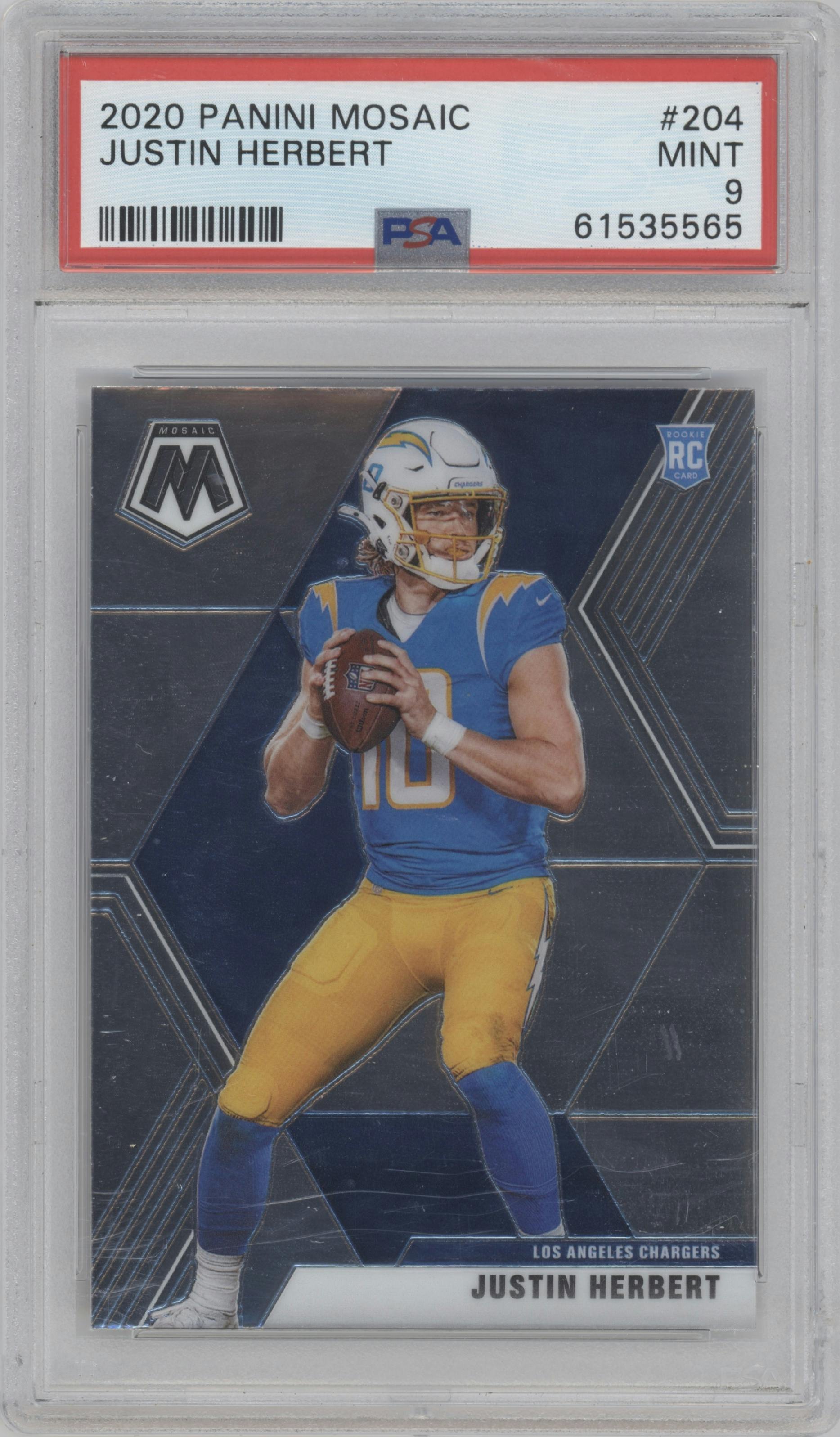 Justin Herbert from the 2020 Panini Mosaic set graded by PSA and given an overall grade of 9.