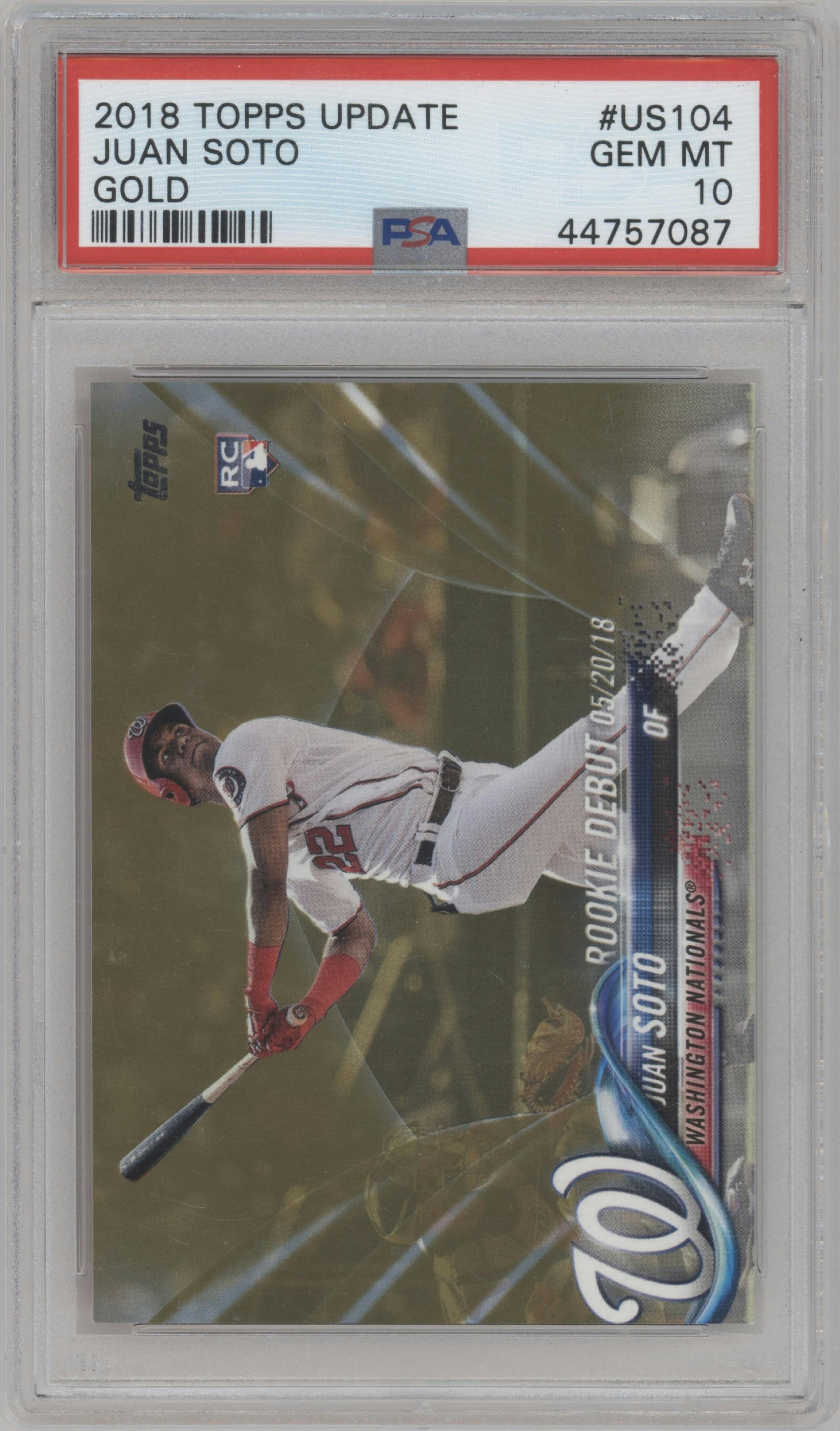 Juan Soto from the 2018 Topps Update set featuring a Gold parallel graded by PSA and given an overall grade of 10.