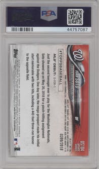 Juan Soto from the 2018 Topps Update set featuring a Gold parallel graded by PSA and given an overall grade of 10.
