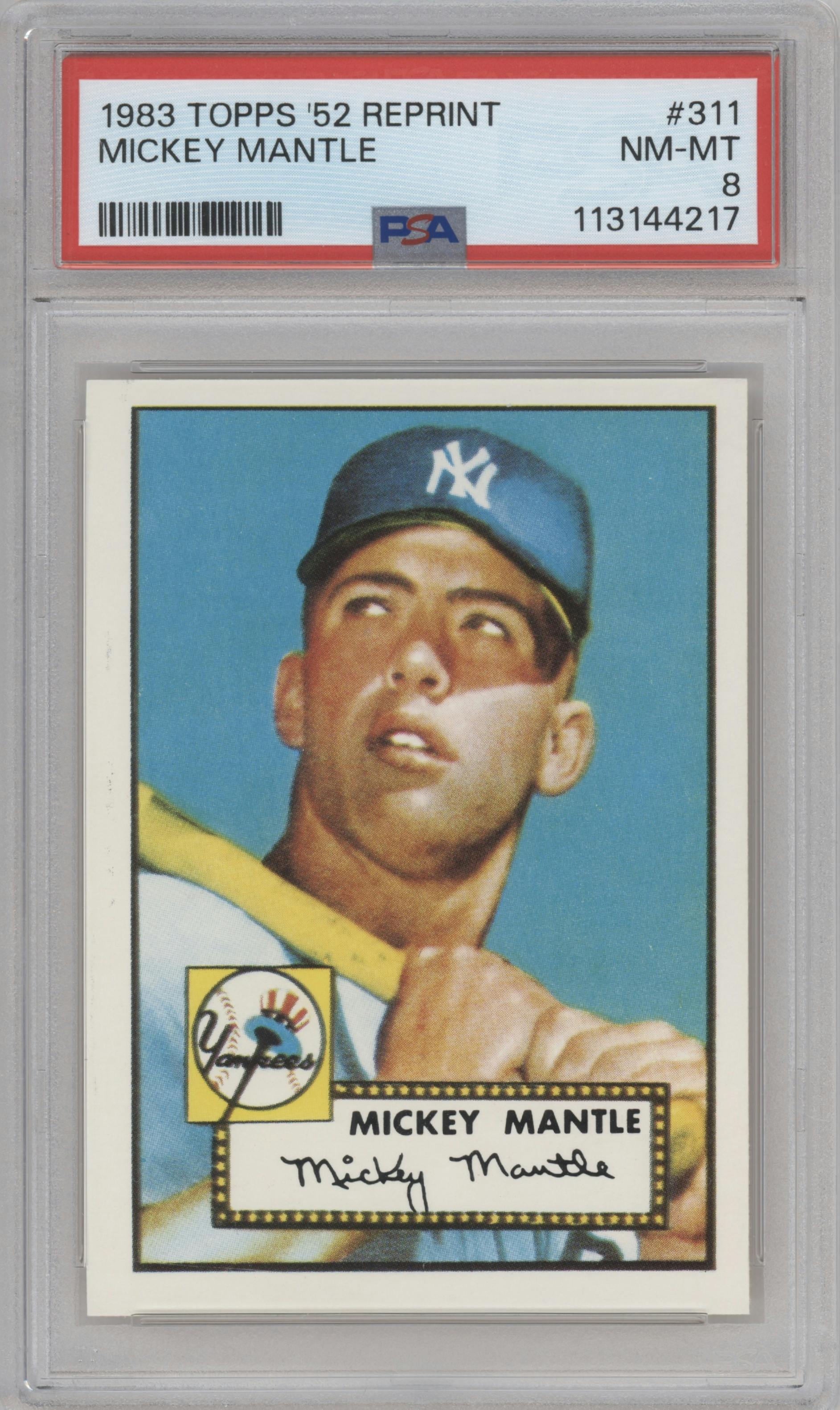 Mickey Mantle from the 1983 Topps 1952 Reprint Series set graded by PSA and given an overall grade of 8.