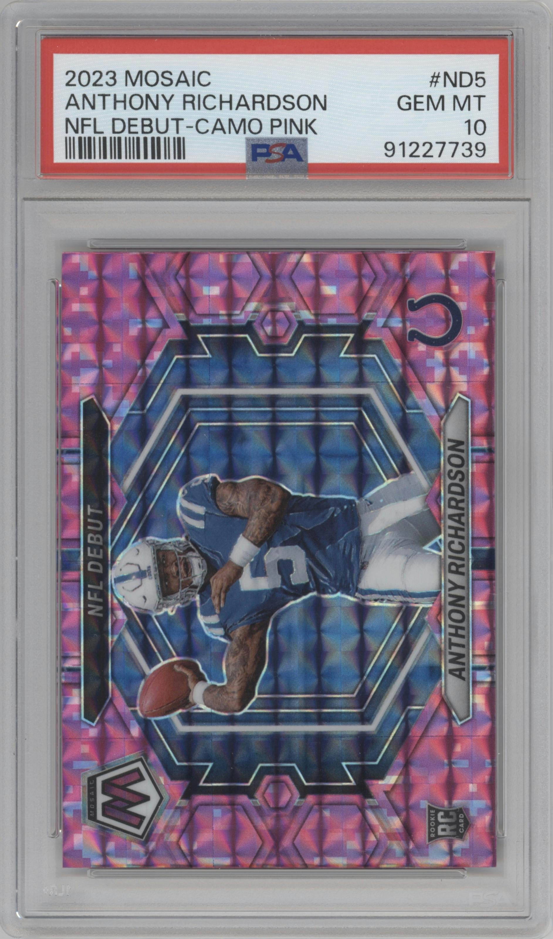 Anthony Richardson from the 2023 Panini Mosaic set featuring a Pink Camo parallel graded by PSA and given an overall grade of 10.